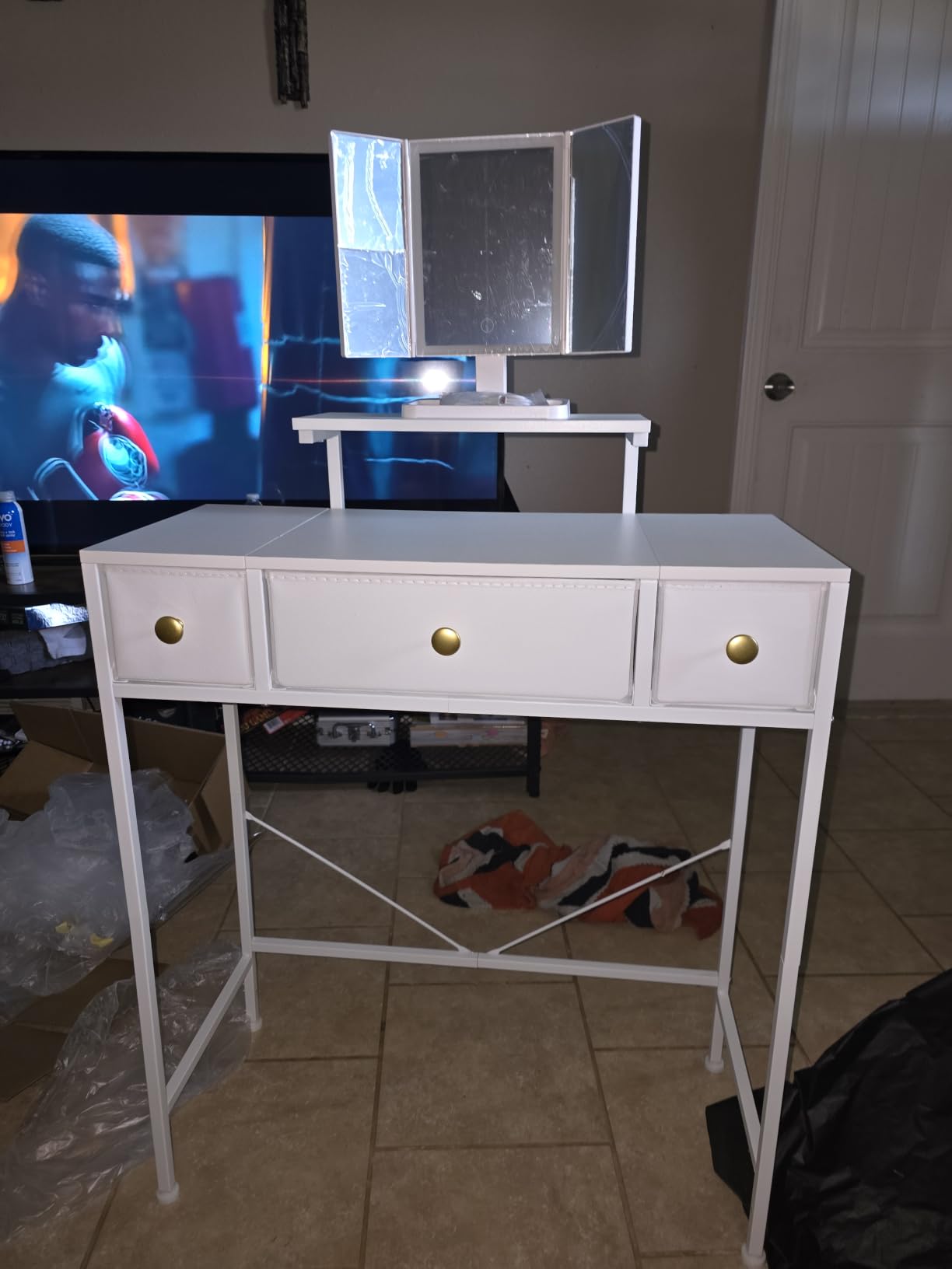 Small Makeup Vanity Desk 27.5''W with Mirror and Lights, Vanity Desk with 3 Fabric Drawers and Height-Adjustable Stand, Vanity Table for Girls Gifts, Bedroom and Small Spaces, White customer photo 1