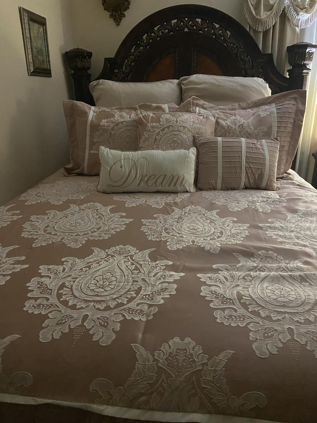 Beige California King Comforter Set 7 Pieces, Jacquard Woven with Damask, Bedding Set in a Bag Includes Comforter, Bed Skirt, Pillow Shams, and Decorative Pillows customer photo 1