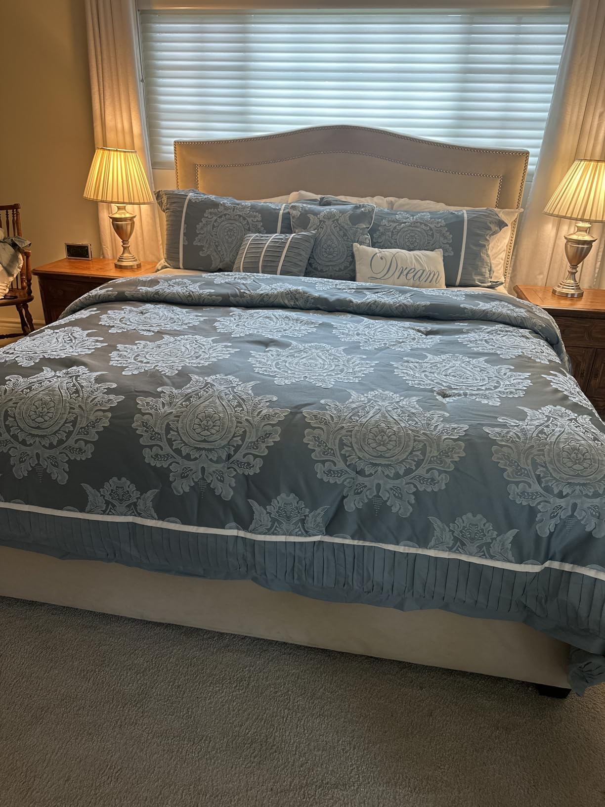 Beige California King Comforter Set 7 Pieces, Jacquard Woven with Damask, Bedding Set in a Bag Includes Comforter, Bed Skirt, Pillow Shams, and Decorative Pillows customer photo 2