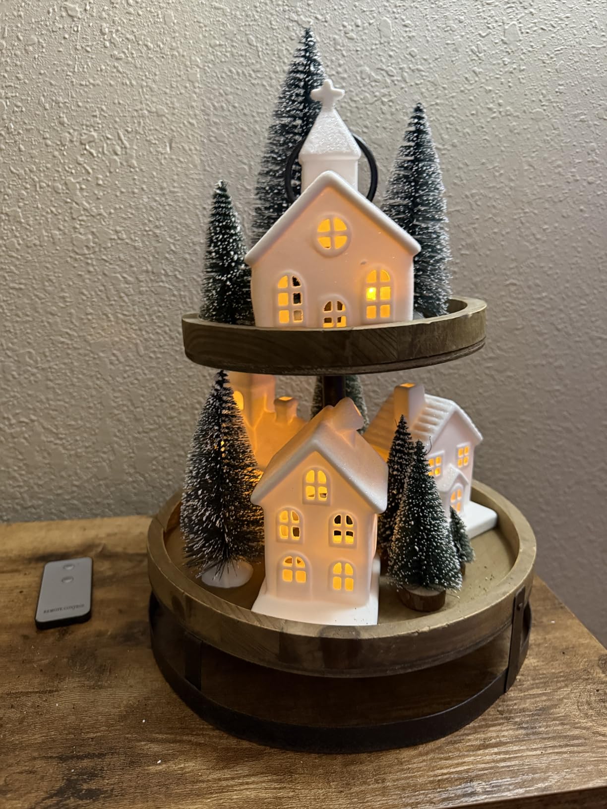 9 Pcs Christmas Village Figurines Sets - 4 Lighted Ceramic Houses with Remote Control & 5 Trees - Christmas Decorations Indoor - White Xmas Holiday Farmhouse Rustic Decor for Home Table Room customer photo 1