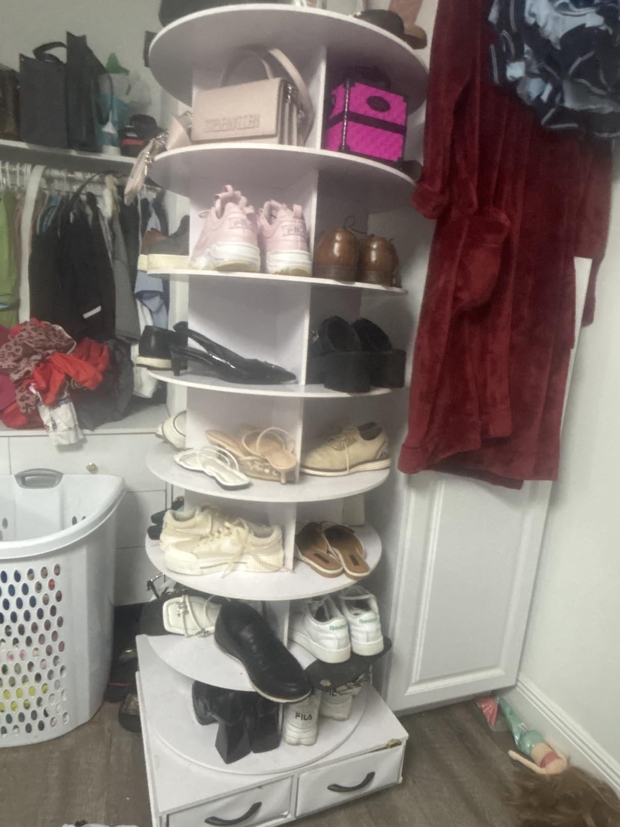8 Tier Rotating Shoe Rack Tower contains 2 drawers, Spinning Shoe Rack Display Lazy Susan, Revolving 360 Shoe Racks Storage Round Carousel, Equipped with 5 Universal Wheels with Brake Function customer photo 1
