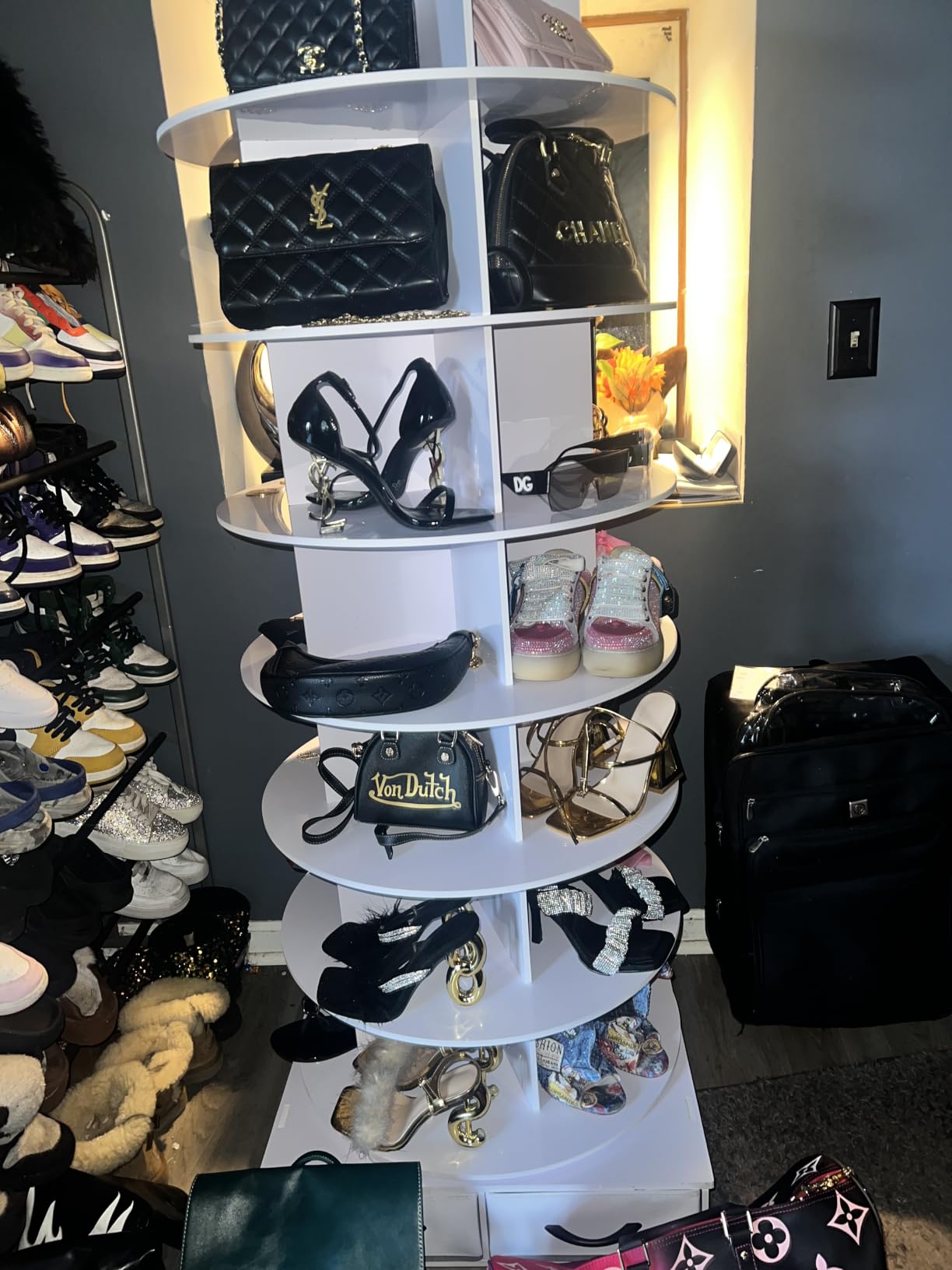 8 Tier Rotating Shoe Rack Tower contains 2 drawers, Spinning Shoe Rack Display Lazy Susan, Revolving 360 Shoe Racks Storage Round Carousel, Equipped with 5 Universal Wheels with Brake Function customer photo 2