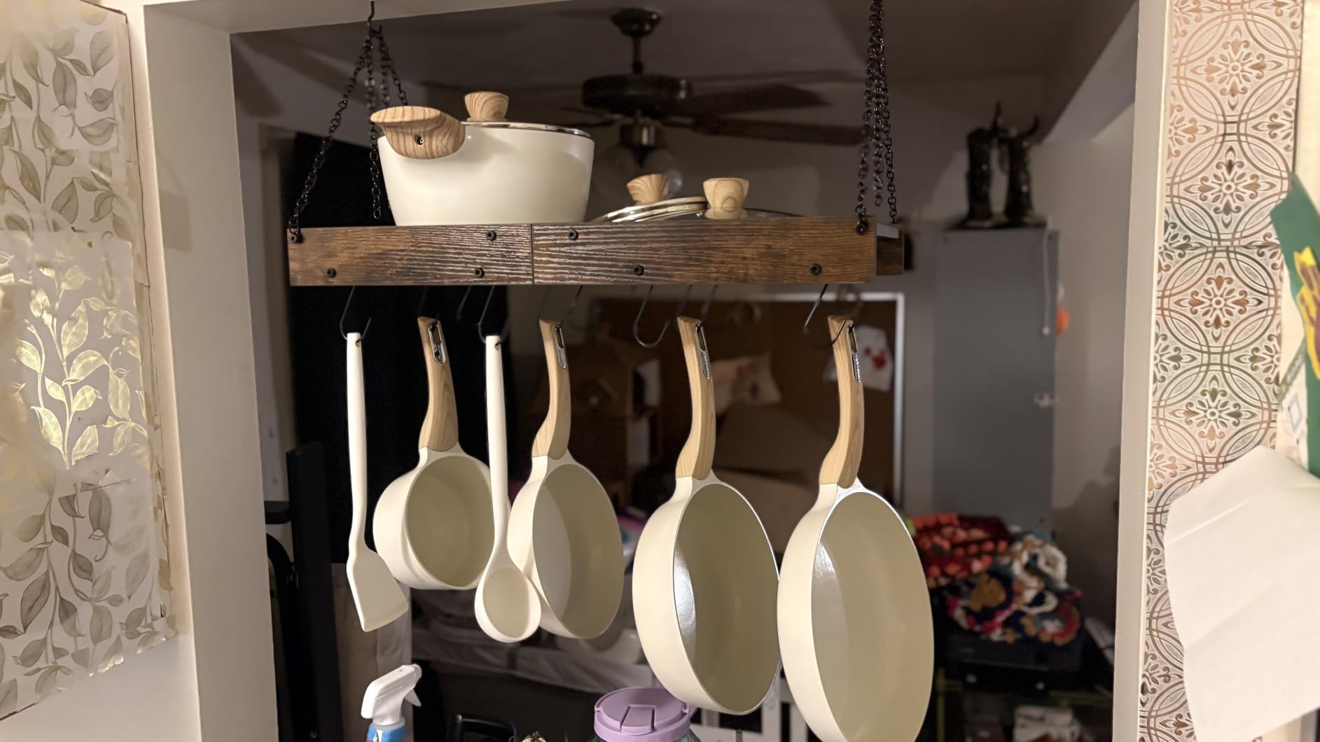 Hanging Pot Rack, Ceiling Wall Mounted Pot Rack for Kitchen, Industrial Style Pot Hanger with 18 Hooks, Cookware Storage Organizer, for Pots and Pans, Rustic Brown and Black TPR12BFC1 customer photo 1