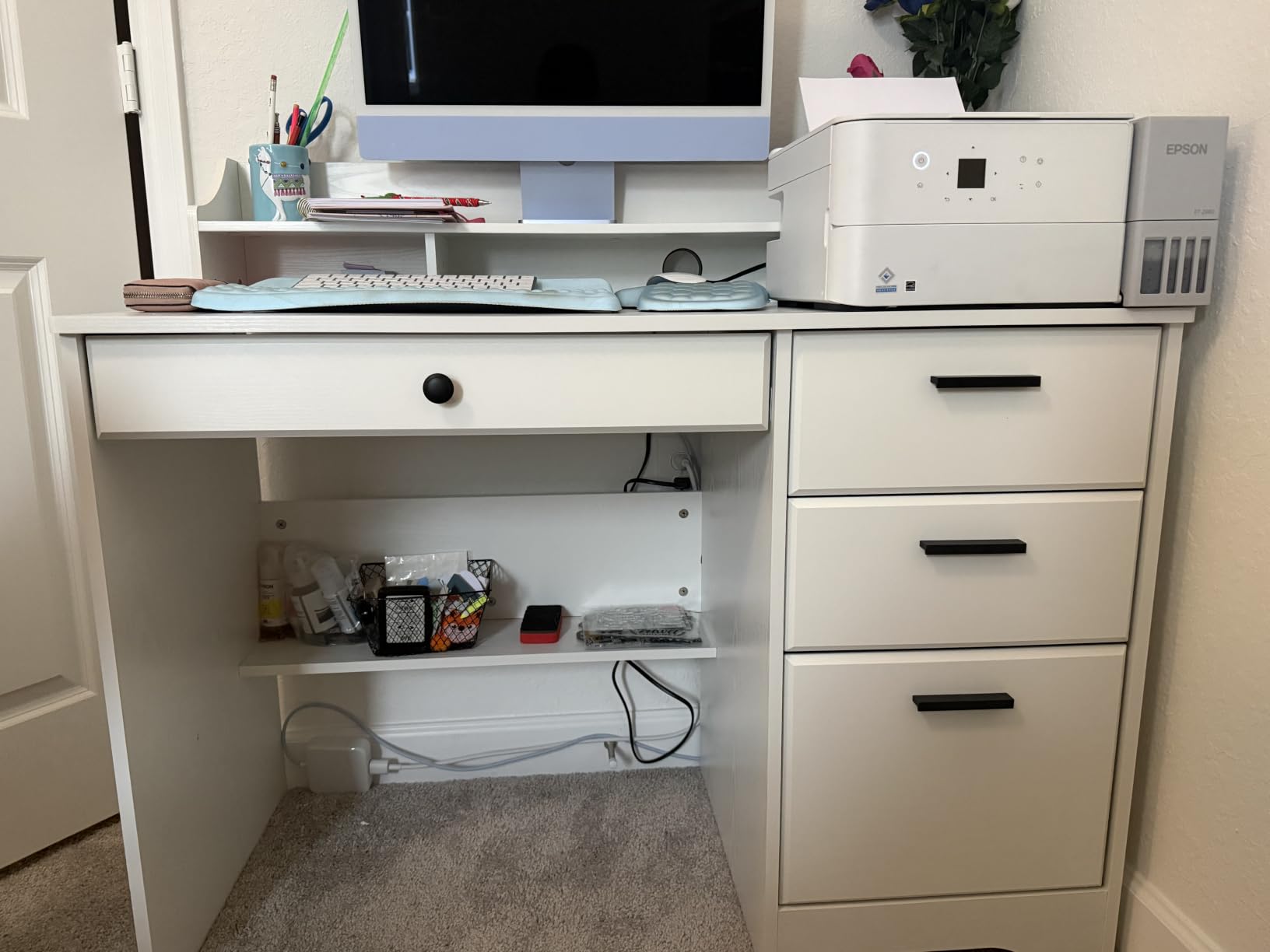 4 EVER WINNER Small Desk with Drawers for Small Spaces, 44'' Wood Desk with File Drawer & Monitor Stand, Office Desks Writing Study Table for Bedroom, Living Room, Brown customer photo 1