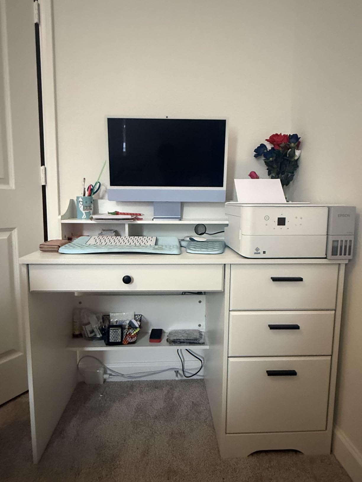 4 EVER WINNER Small Desk with Drawers for Small Spaces, 44'' Wood Desk with File Drawer & Monitor Stand, Office Desks Writing Study Table for Bedroom, Living Room, Brown customer photo 2