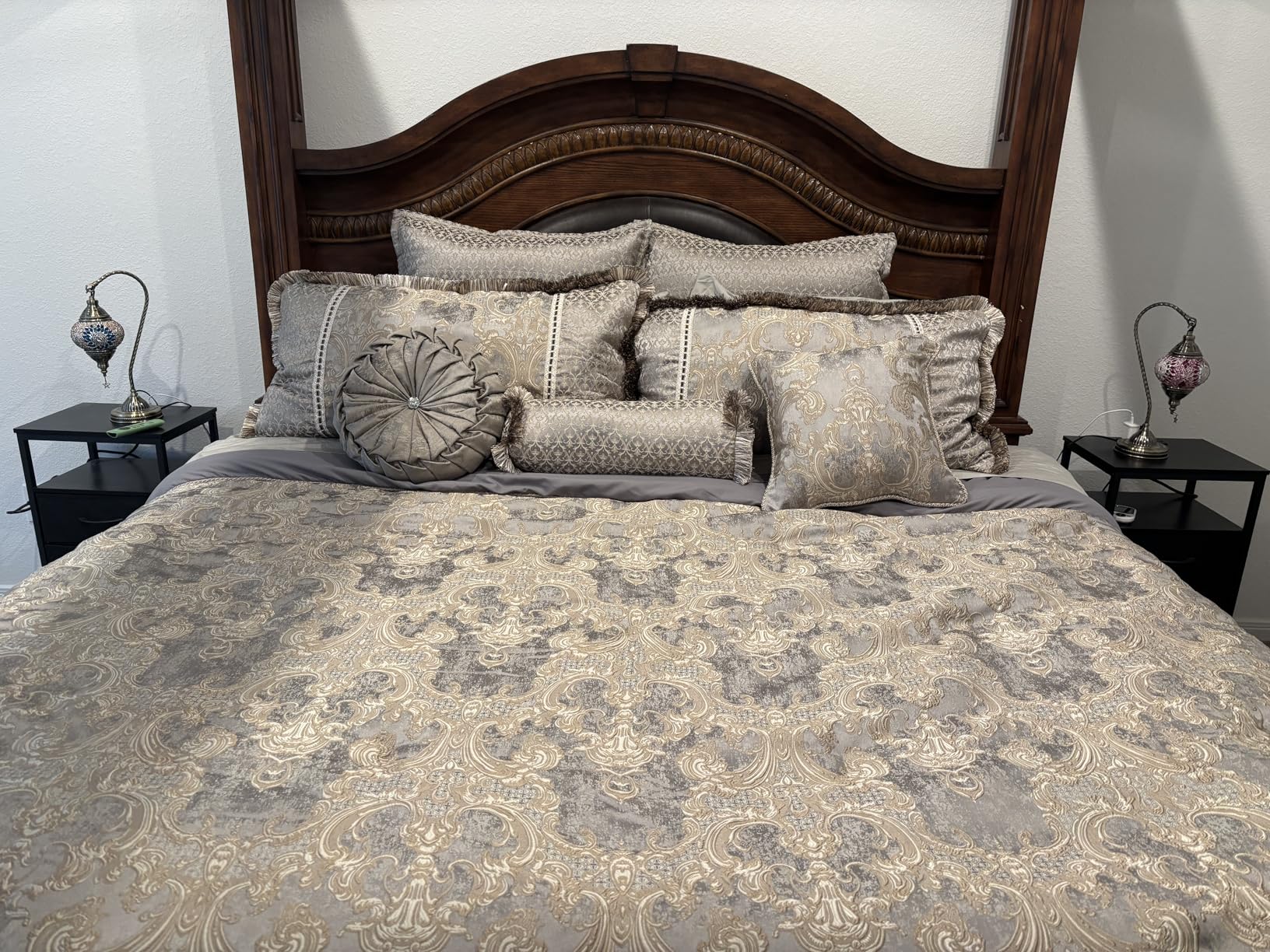 Loom and Mill 9-Piece Luxury Jacquard Comforter Set, Gray+Beige Brown, King | Royal Elegant Damask Bedding Set, King Size Comforter Sets with Bed Skirt, Euro Shams, Decorative Pillows for All Season customer photo 2