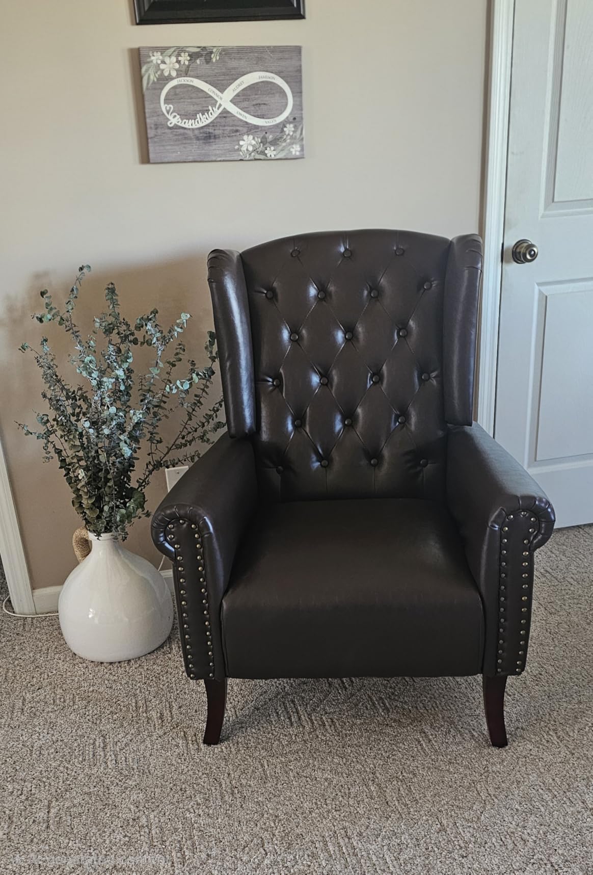 MOJAY Mid-Century Modern Living Room Chairs Set of 2, Upholstered Faux Leather Accent Chairs Club Arm Chair, Single Sofa Chair with Solid Wooden Legs for Bedroom Study Home Office Lounges (Brown) customer photo 1