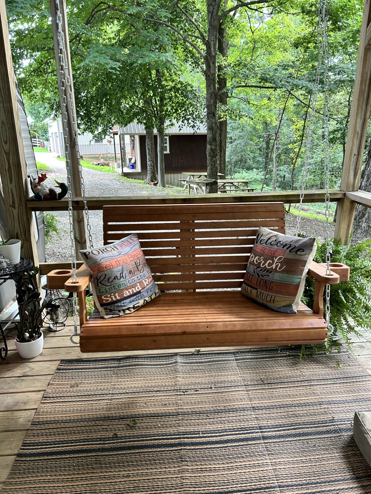 Wooden Porch Swing 2-Seater, High Backrest and Deep Seat, Bench Swing with Cupholders, Hanging Chains and 7mm Springs, Heavy Duty 880 LBS, for Outdoor Patio Garden (Cedar Tone - 4 FT Extra Large) customer photo 1