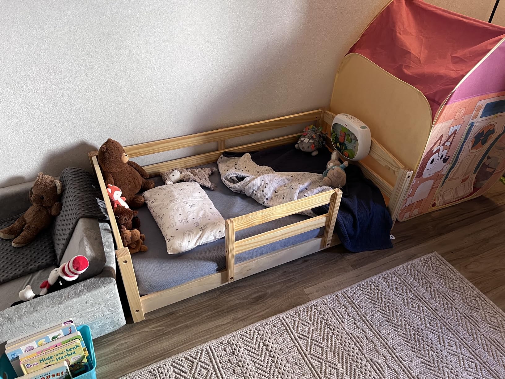 Toddler Bed with Rails, Low Montessori Floor Bed Frame for Kids, Standard Crib Size Wooden Frame for Independent Toddlers 1-3 - Gray customer photo 1