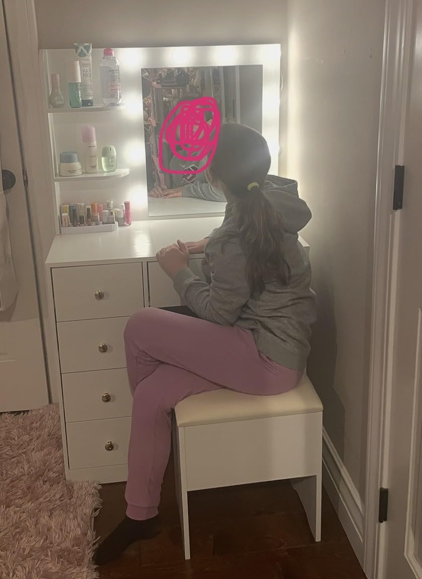 IRONCK Vanity Desk with Mirror and Lights, White | Small Makeup Vanity Table, 5 Drawers, Power Outlet, Vanity Stool Included, 3 Lighting Colors customer photo 1