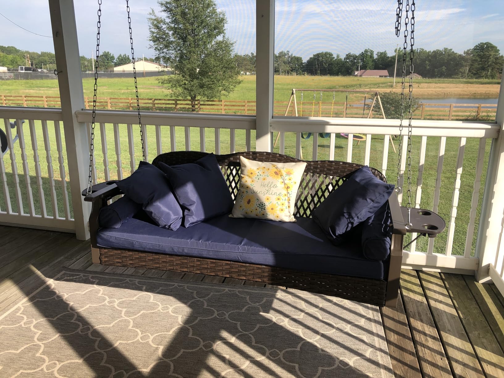 3 Seat Porch Swing, Wicker Patio Swing with Cup Holders & 3 Back Cushions | Yard Hanging Swing with Chains for Deck Garden Backyard, Brown Seagrass Rattan, Lake Blue Cushion, 56-inch customer photo 1