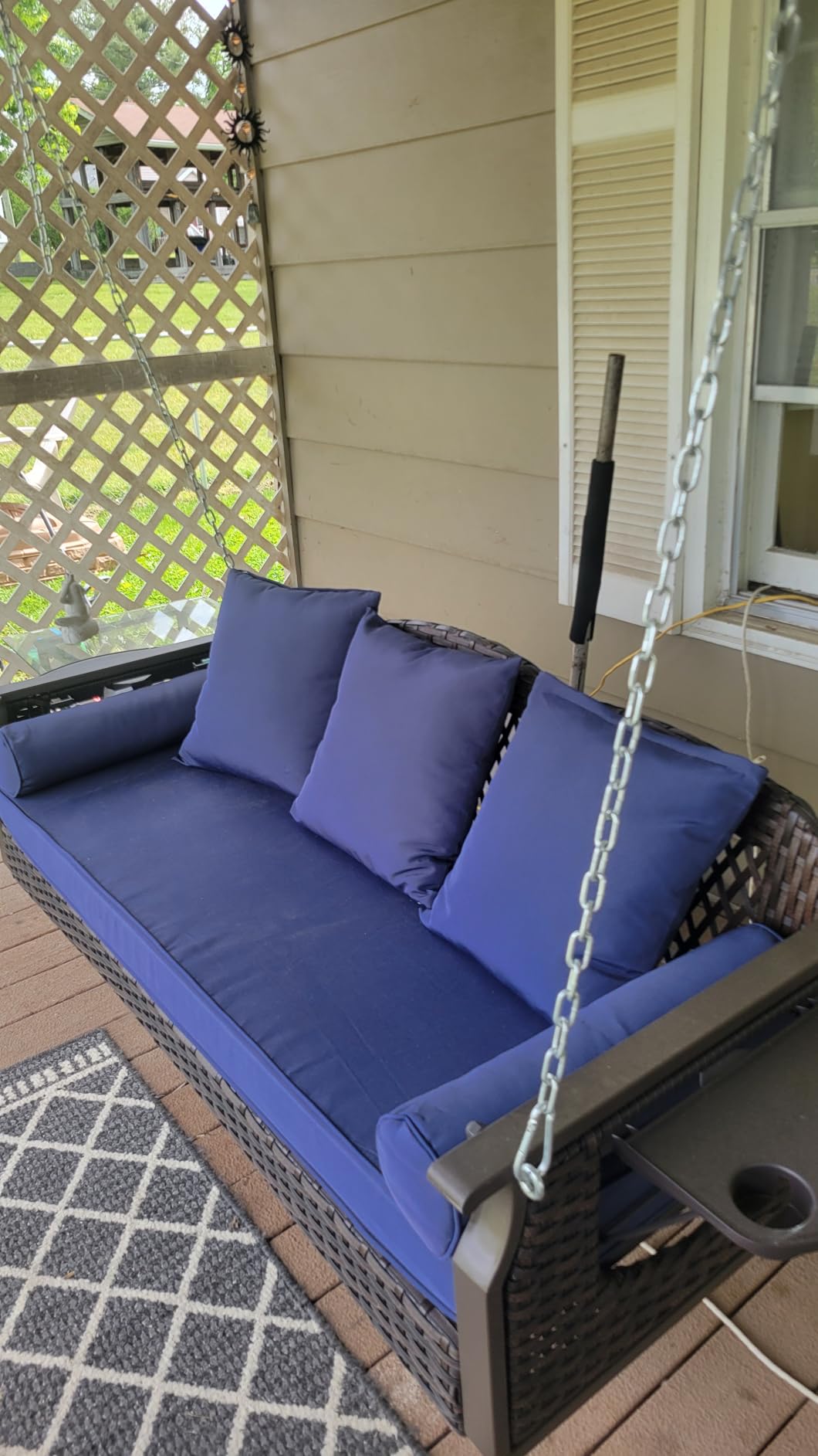 3 Seat Porch Swing, Wicker Patio Swing with Cup Holders & 3 Back Cushions | Yard Hanging Swing with Chains for Deck Garden Backyard, Brown Seagrass Rattan, Lake Blue Cushion, 56-inch customer photo 2
