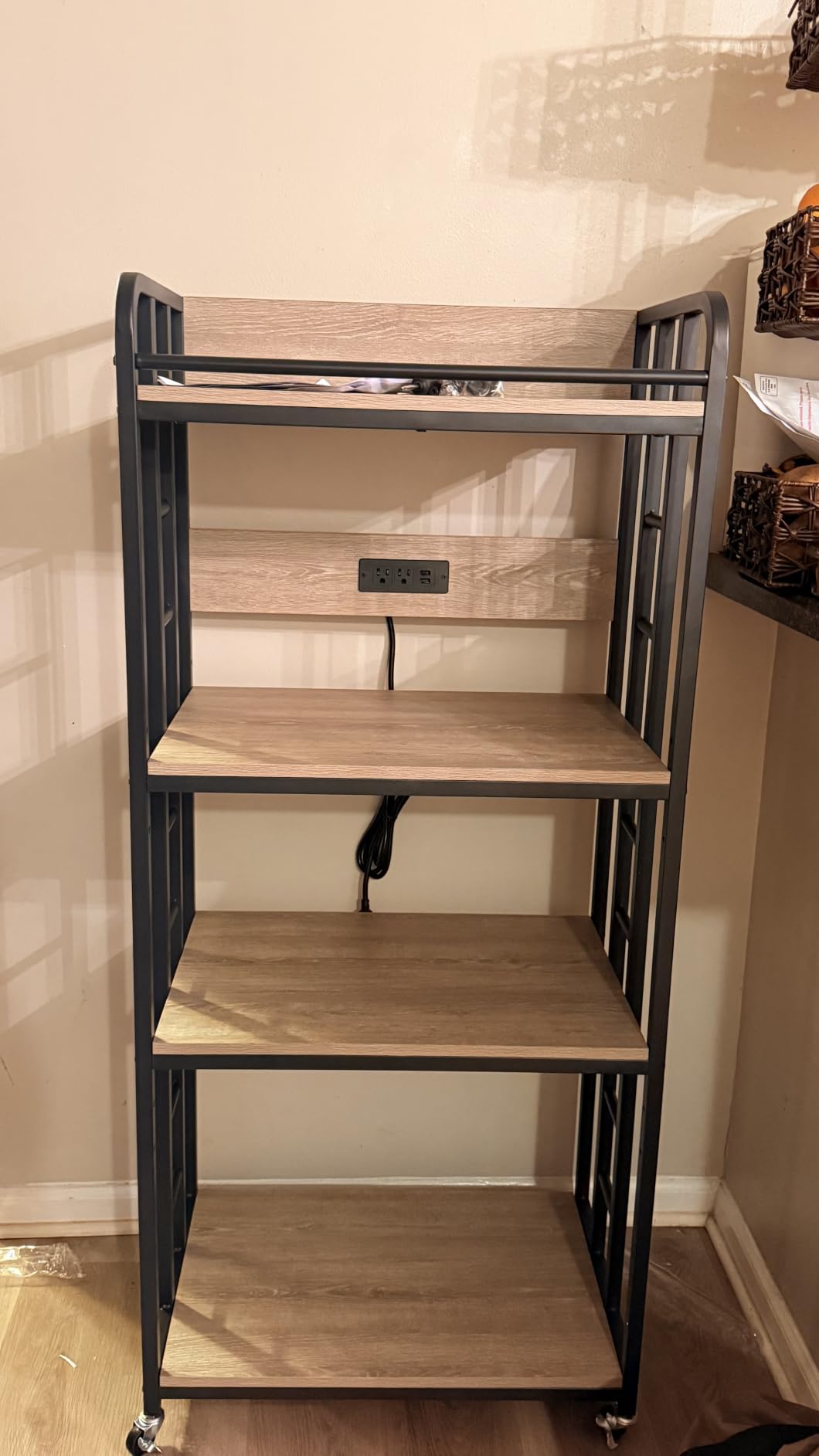 METYERRY Microwave Stand with Storage, 4-Tier Kitchen Bakers Rack with Power Outlet and USB Charging Ports, Rolling Kitchen Cart with Lockable Wheels and Adjustable Shelves for Coffee Bar, Rustic Brown customer photo 1