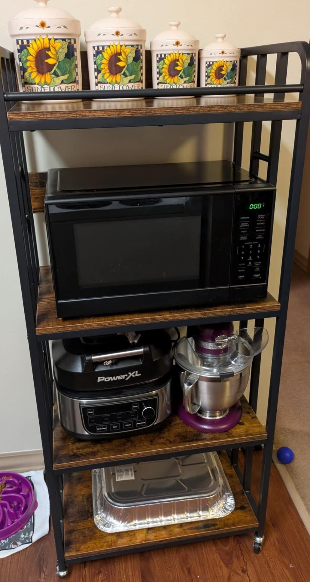 METYERRY Microwave Stand with Storage, 4-Tier Kitchen Bakers Rack with Power Outlet and USB Charging Ports, Rolling Kitchen Cart with Lockable Wheels and Adjustable Shelves for Coffee Bar, Rustic Brown customer photo 2