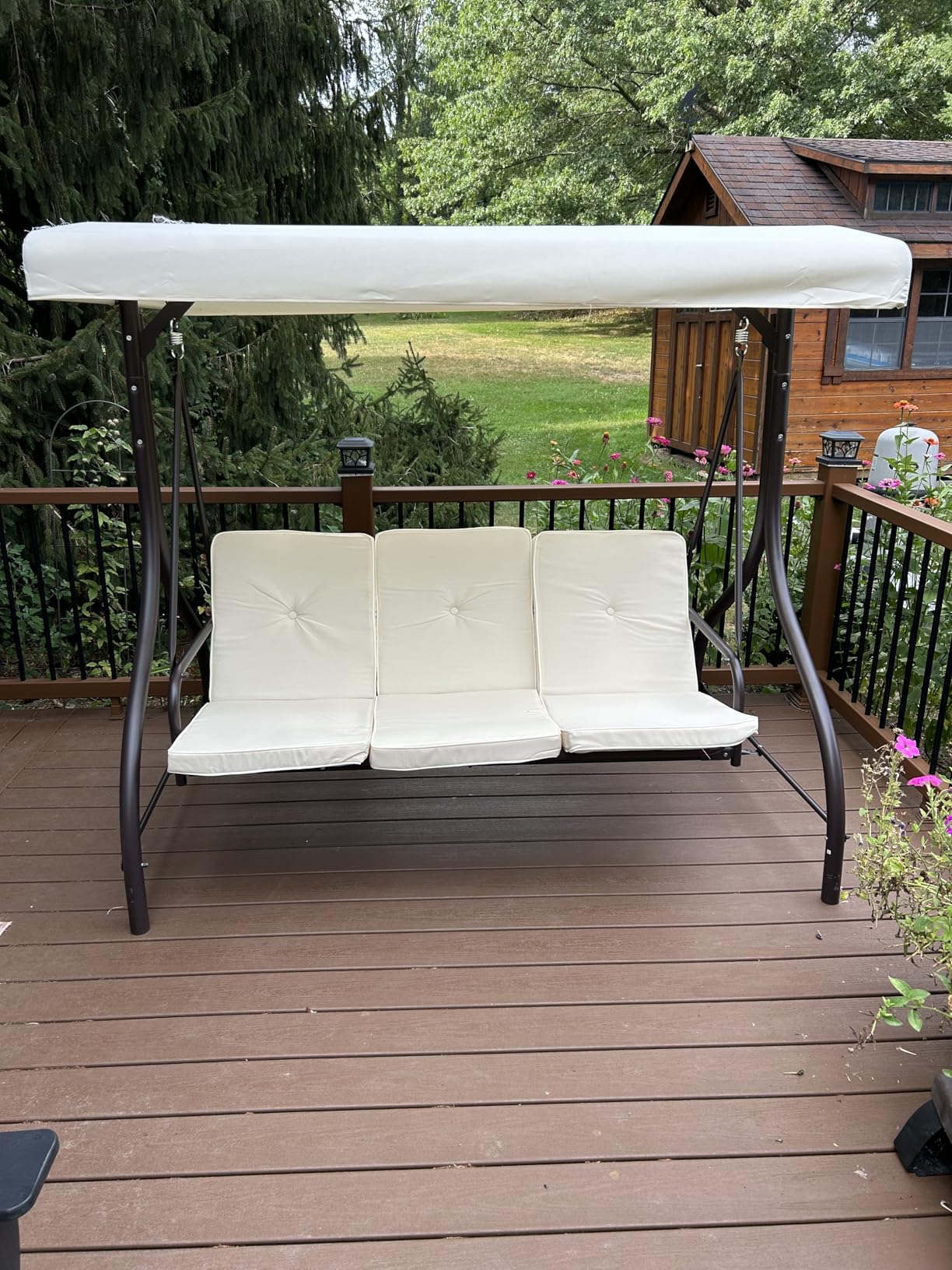 TLSUNNY 3-Seat Outdoor Patio Porch Swing with Adjustable Canopy & Backrest | Convertible Glider Bed with Stand, Removable Seat Cushion, 45° Tilt Adjustment for Backyard, Poolside, Balcony - 750LBS customer photo 1