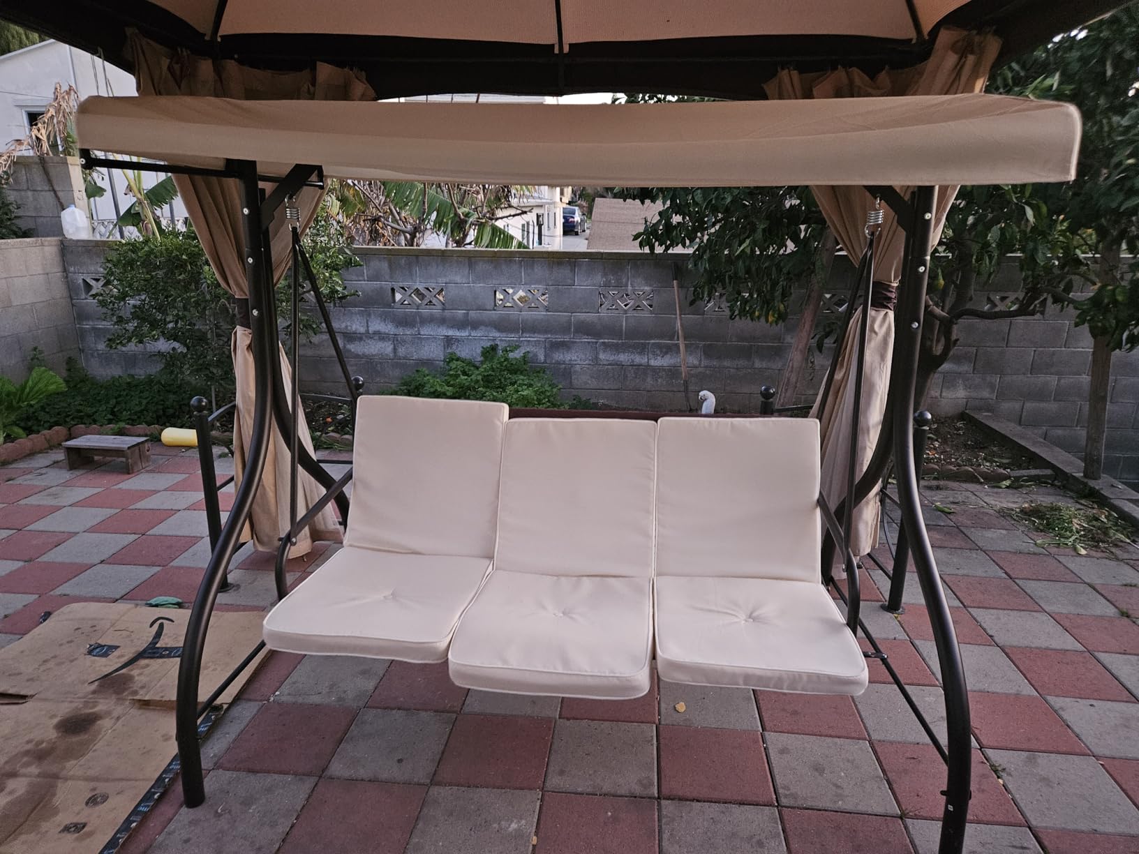 TLSUNNY 3-Seat Outdoor Patio Porch Swing with Adjustable Canopy & Backrest | Convertible Glider Bed with Stand, Removable Seat Cushion, 45° Tilt Adjustment for Backyard, Poolside, Balcony - 750LBS customer photo 2