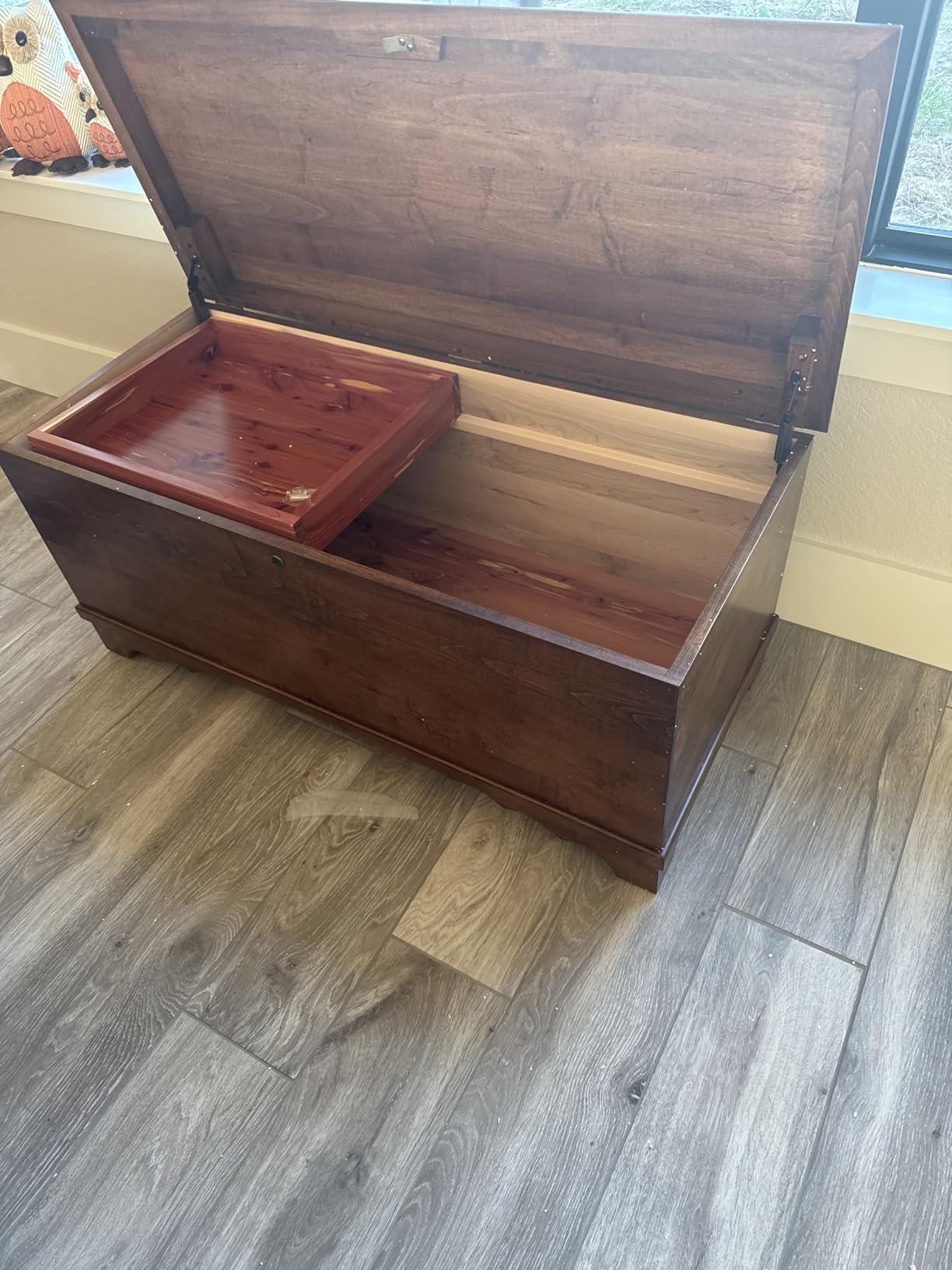 Cedar Hope Chest with Waterfall Top and Tray, Amish Made Wooden Storage Trunk Box for Bedroom, Blanket, Clothes, Anti-Slam Hinges and Lock, Brown Maple Wood, Asbury Stain, 36