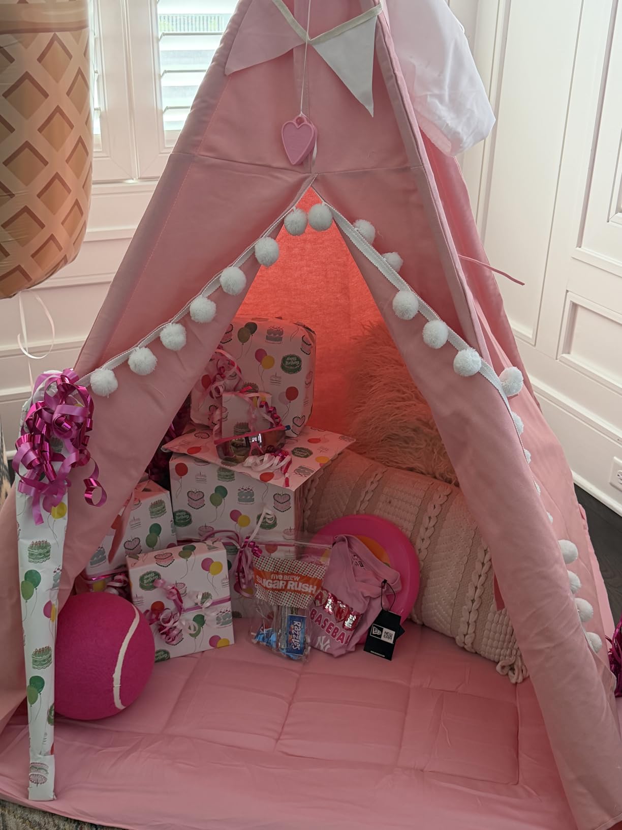 WIRHAO Teepee Tent for Kids with Mat, Cotton Canvas Kids Teepee with Pompom for Toddlers Indoor Play Tent for Girls Boys with Stars Lights, Carry Bag, Banner Flag (Khaki) customer photo 2