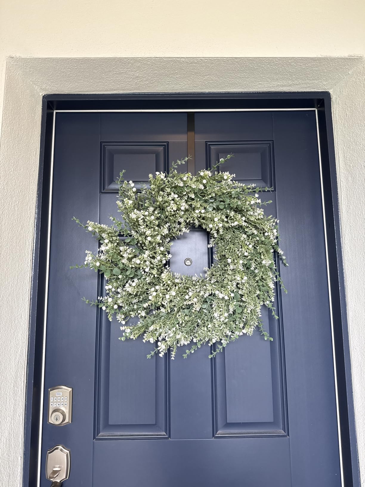 26''Large Artificial Eucalyptus Wreath for Front Door(White-Green) | Lifelike Eucalyptus Lavender with Babys Breath Flowers Wreath, for Home Farmhouse Wall Spring/Summer/All Season Decor customer photo 1