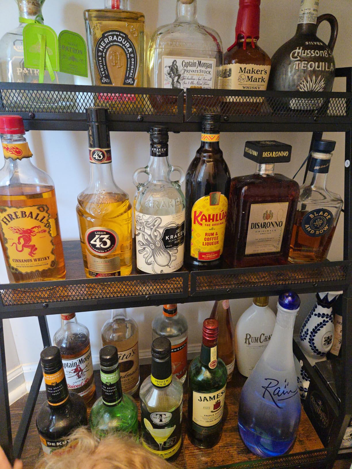 Hayexiha 3-Tier Expanded Liquor Stand, Freestanding Trapezoid Wine Rack | 40+Bottle Capacity: 24.8-inch-wide wood-and-steel stand has stepped shelves, safety fencing and adjustable feet. customer photo 2