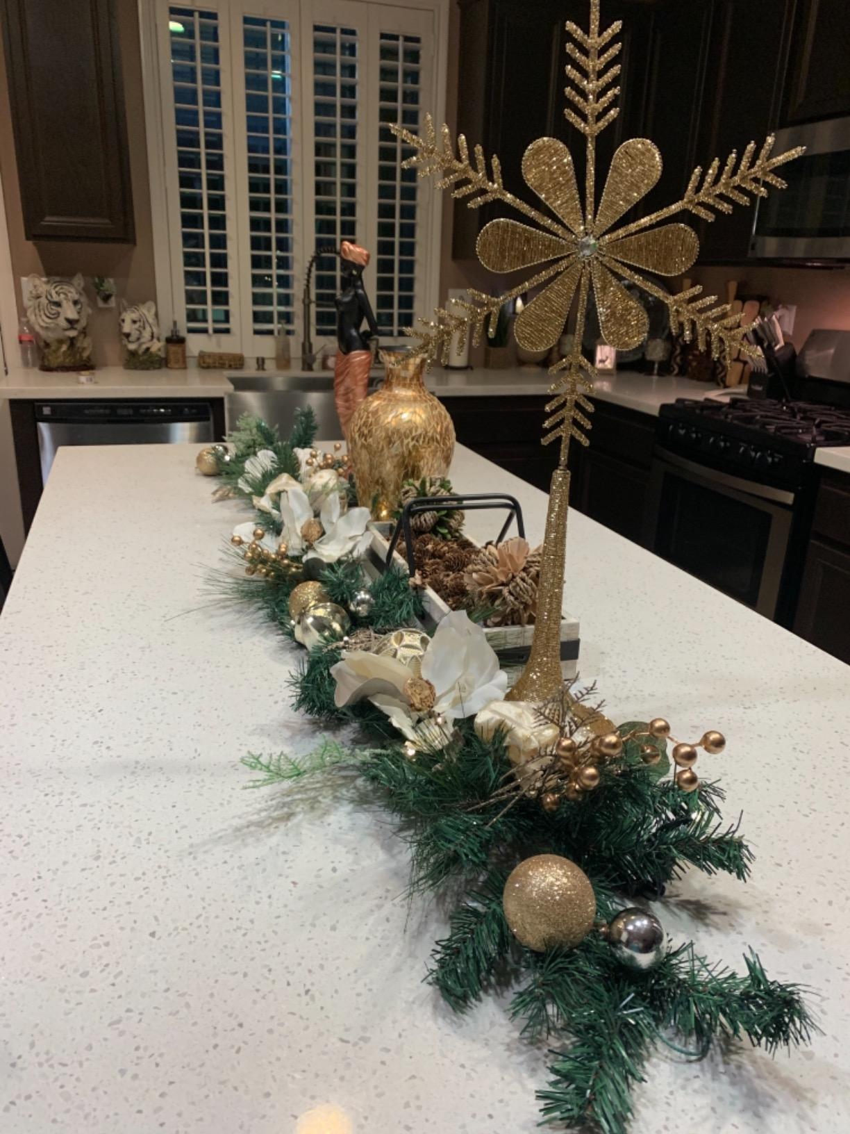 Valery Madelyn 9 Feet Pre-Lit Christmas Garland with Lights for Mantle, Lighted Outdoor Xmas Garland with White Gold Balls Magnolia for Home Stairs Fireplace Table Centerpiece Indoor Holiday Decor customer photo 1