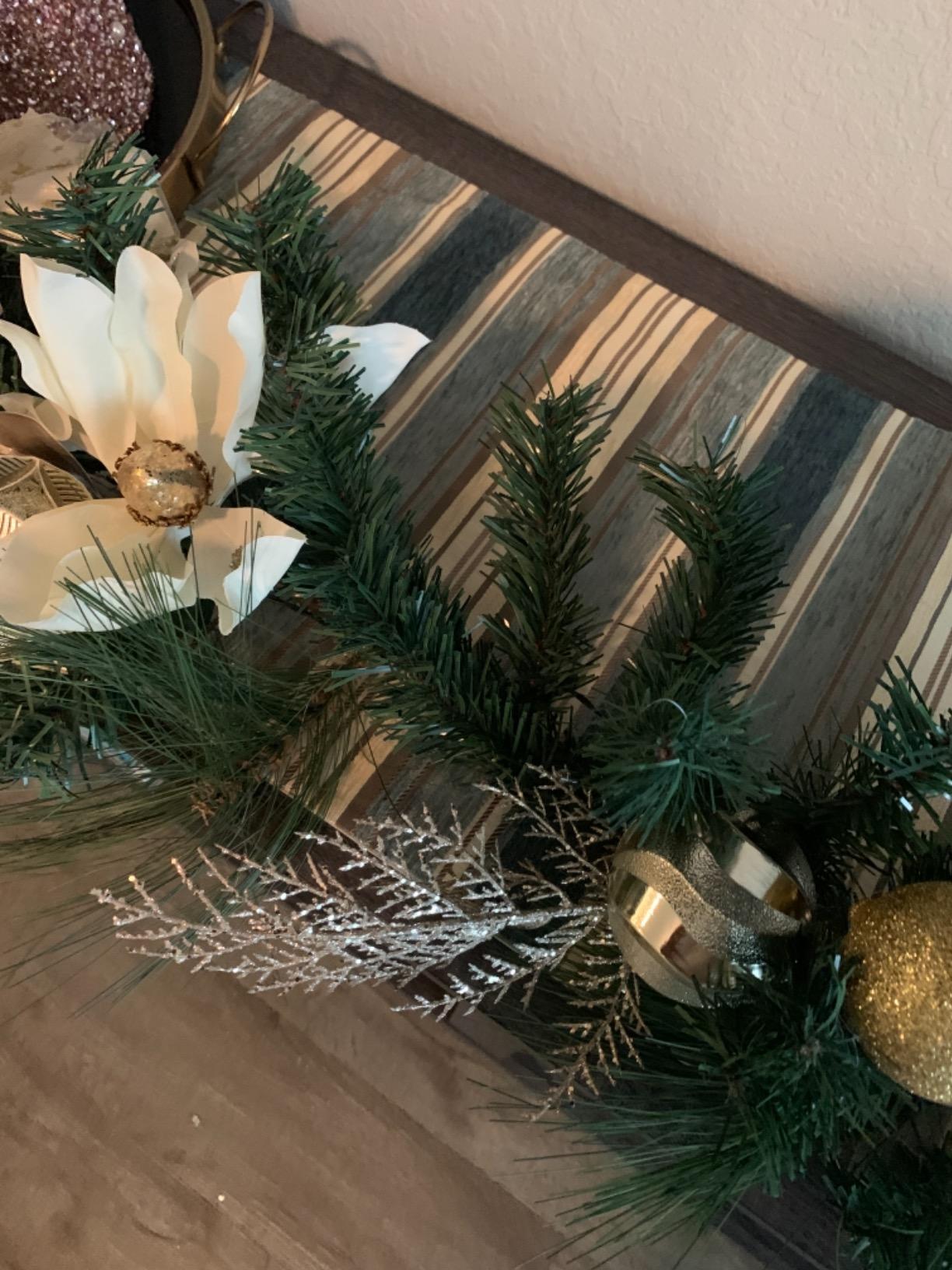 Valery Madelyn 9 Feet Pre-Lit Christmas Garland with Lights for Mantle, Lighted Outdoor Xmas Garland with White Gold Balls Magnolia for Home Stairs Fireplace Table Centerpiece Indoor Holiday Decor customer photo 2