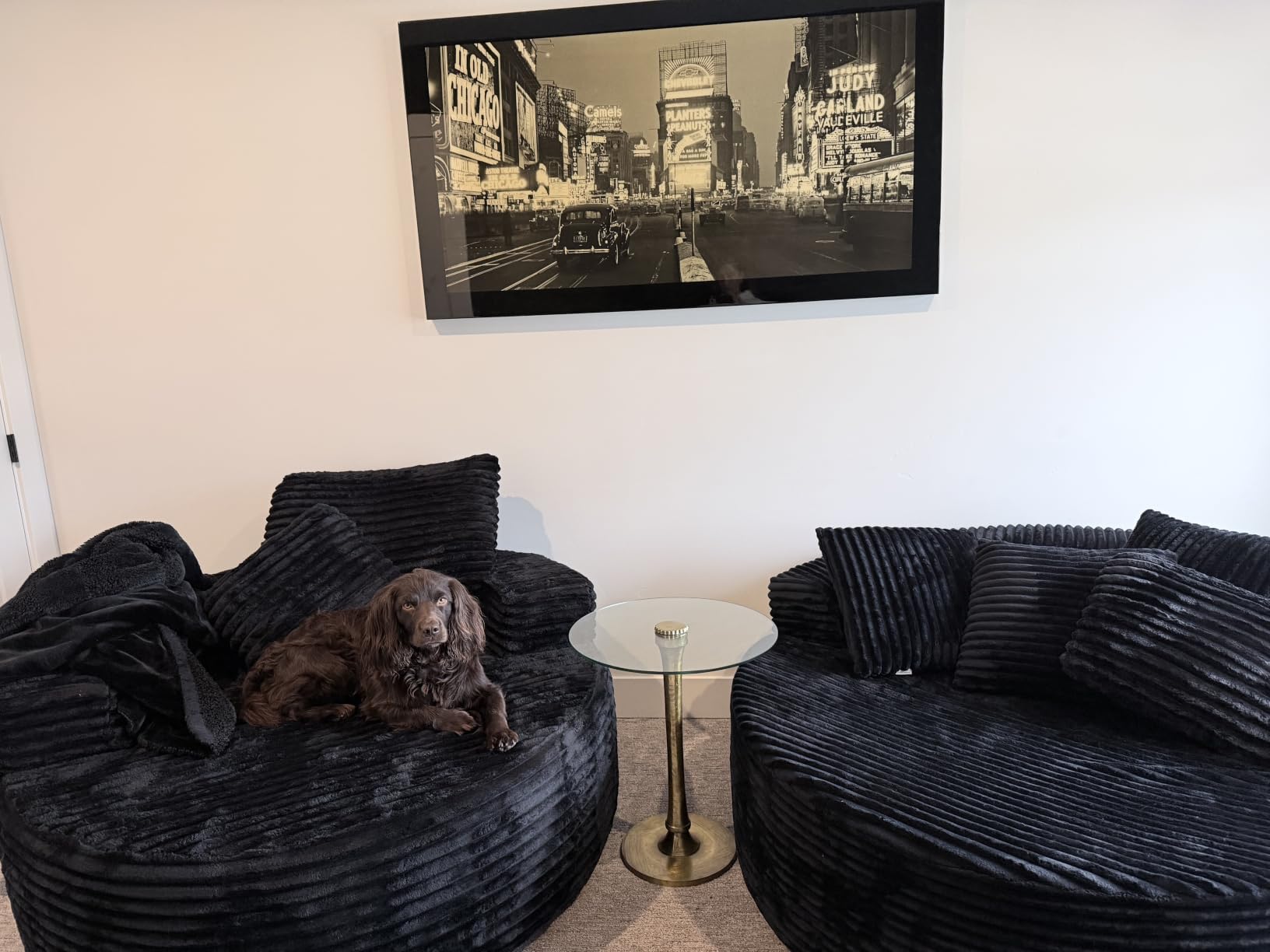 Oversized Round Chaise Longue Chair Indoor, Modern 55-inch Upholstered Corduroy Deep Seat Circle Single Cloud Lounge Floor Sofa Chair for Living Room, Bedroom Apartment, Black customer photo 2