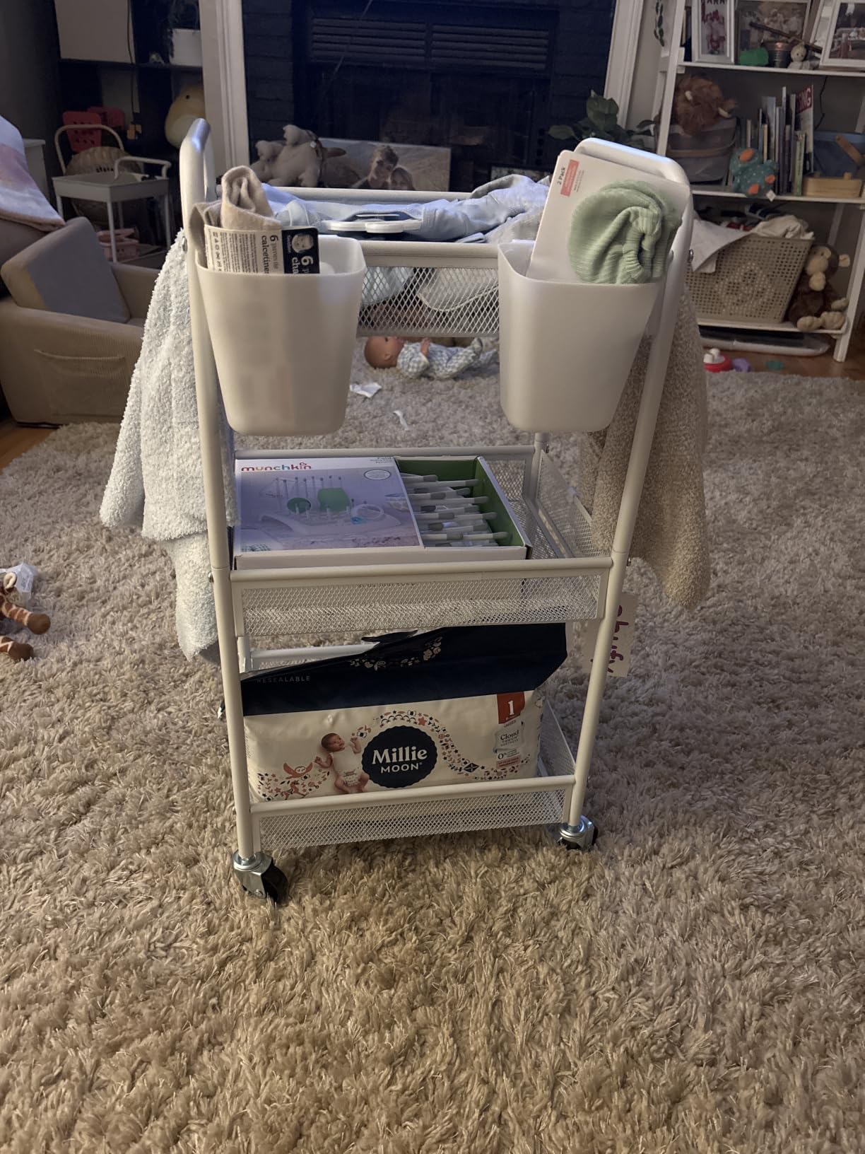 YASONIC 3 Tier Rolling Cart - Metal Utility Storage Carts with Wheels, Craft Cart Organizer with Hanging Cups, Hooks, Mesh Basket for Bedside Kitchen Office Art, Black customer photo 2