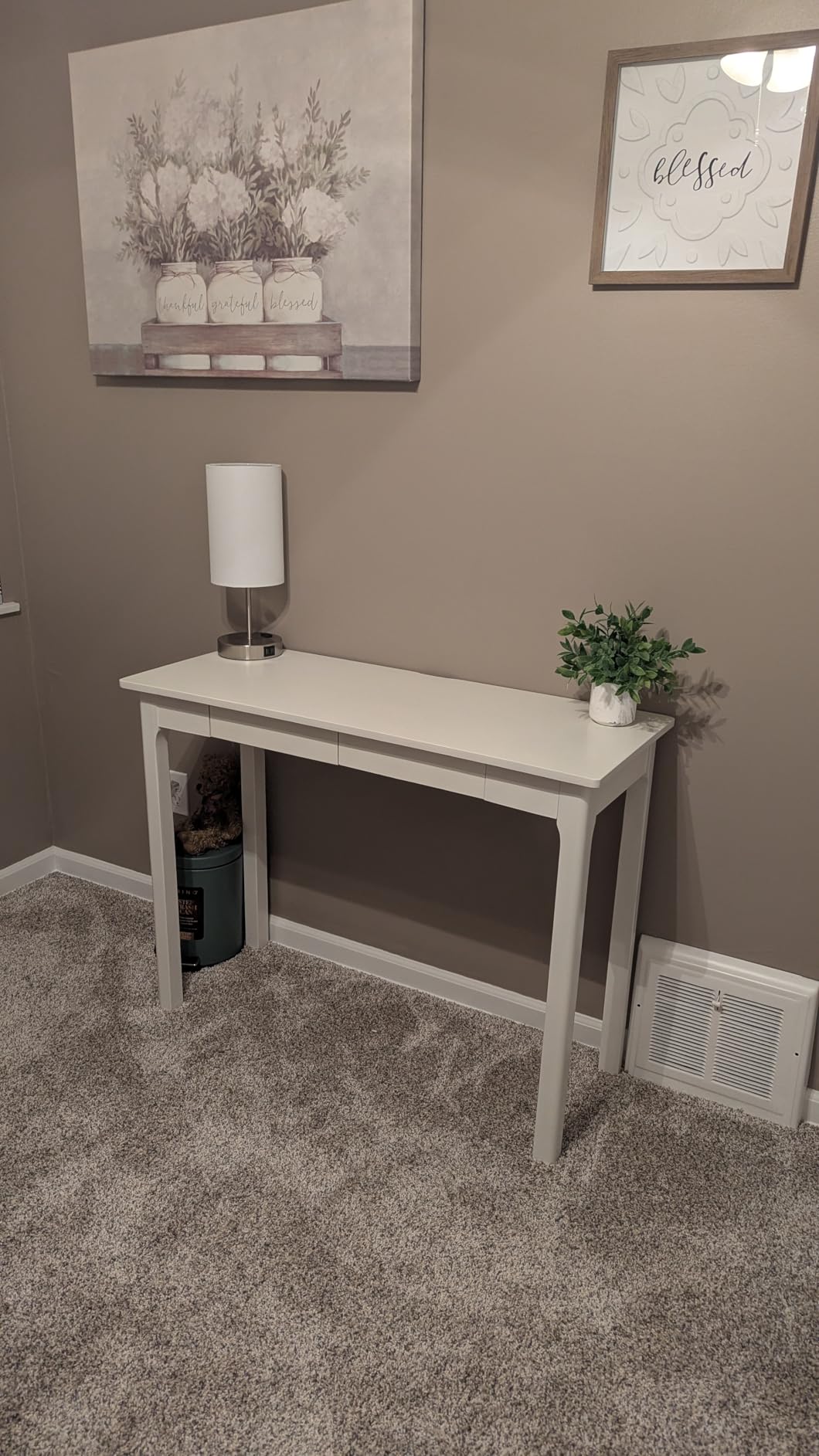 Solid Wooden Desk with Drawers - 39 x 16 Inch Narrow Desks, Rubberwood Mid Century Modern Desks, Small Writing Desk for Bedroom|Small Spaces - Walnut Color customer photo 1