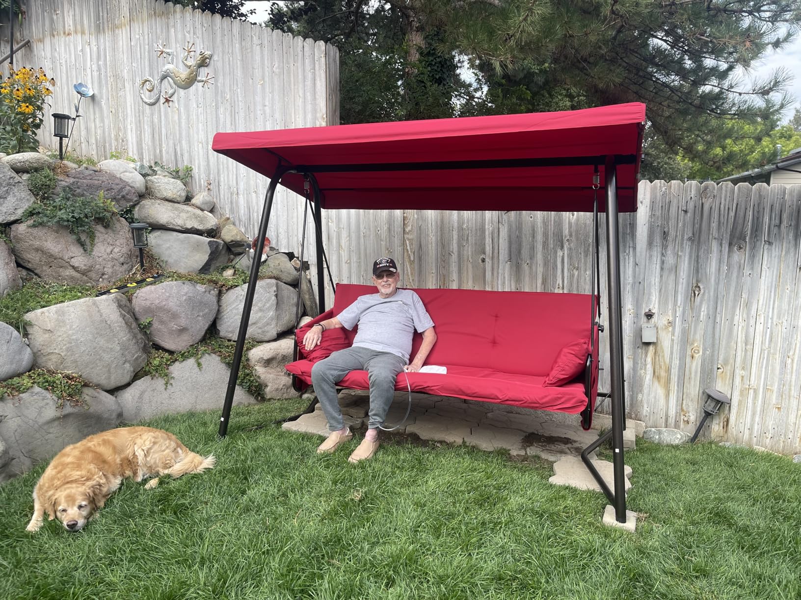 3-4 Seat Oversized Outdoor Porch Swing with Adjustable Backrest Canopy, 2-in 1 Swing Bed with Stand 800 lbs Capacity, Patio Swing Chair with Removable Cushions for Yard Garden Poolside Balcony customer photo 1