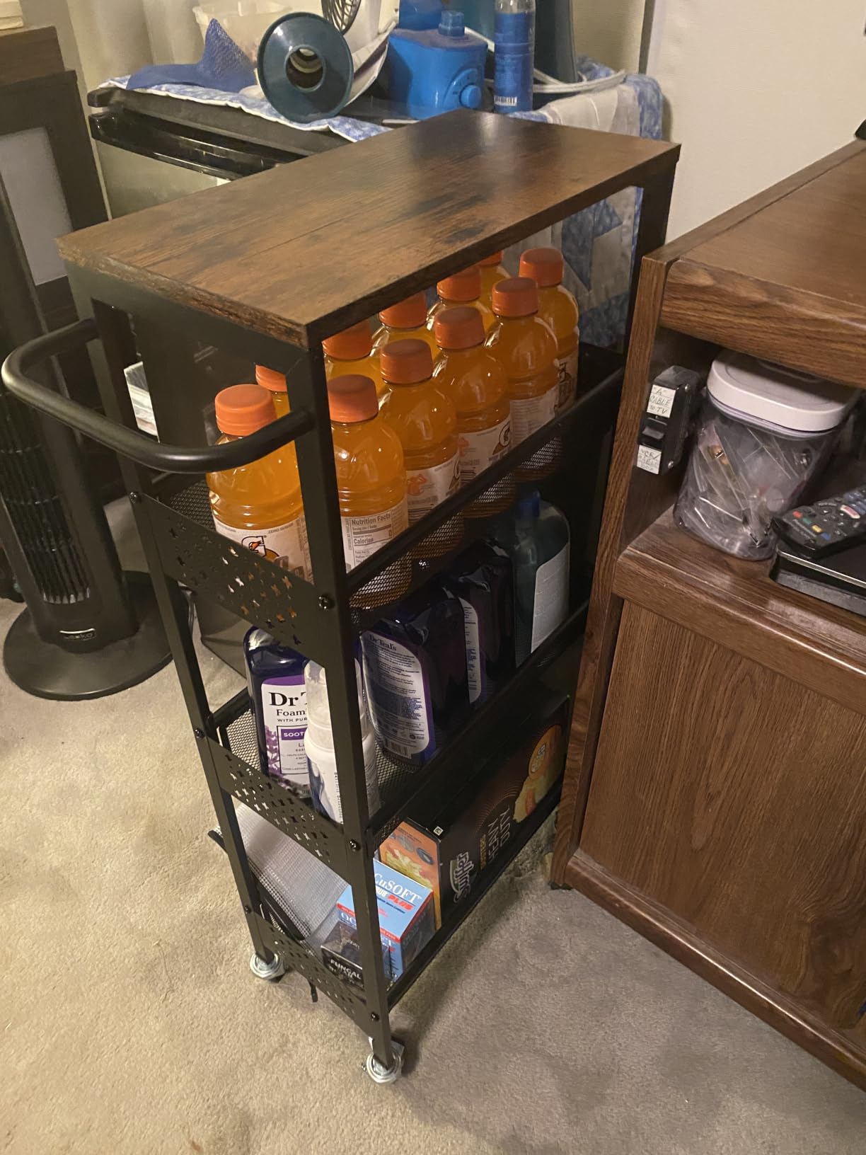 Vivihomety Utility Slim Storage Cart with Wheels, 4 Tier Small Rolling Cart with Wood Top, Metal Kitchen Bathroom Laundry Room Organization Trolley with Handle for Narrow Space - Black customer photo 1