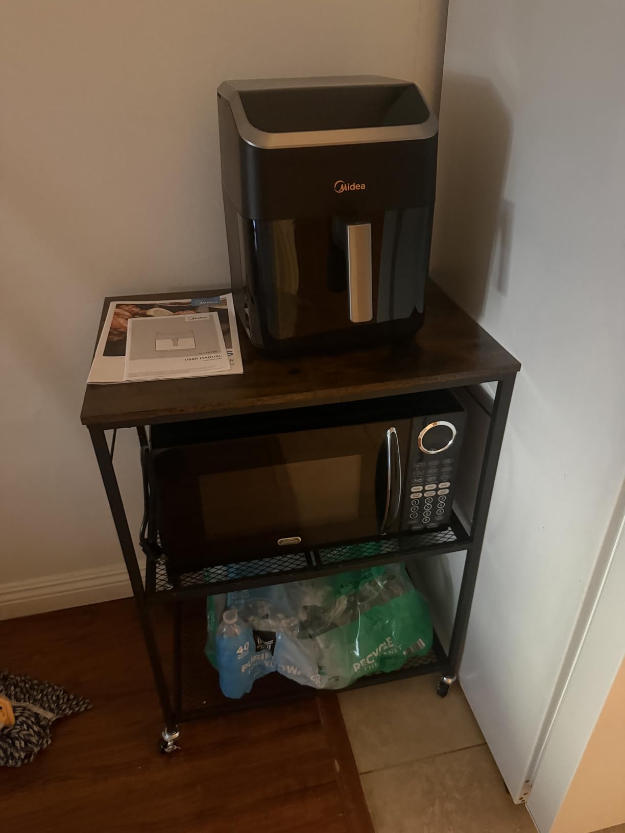 Homleke 3-Tier Rolling Kitchen Microwave Cart, Utility Cart | Coffee Bar Table Station with 6 Hooks, Small Appliance Storage Shelf, Rustic Brown and Black customer photo 1