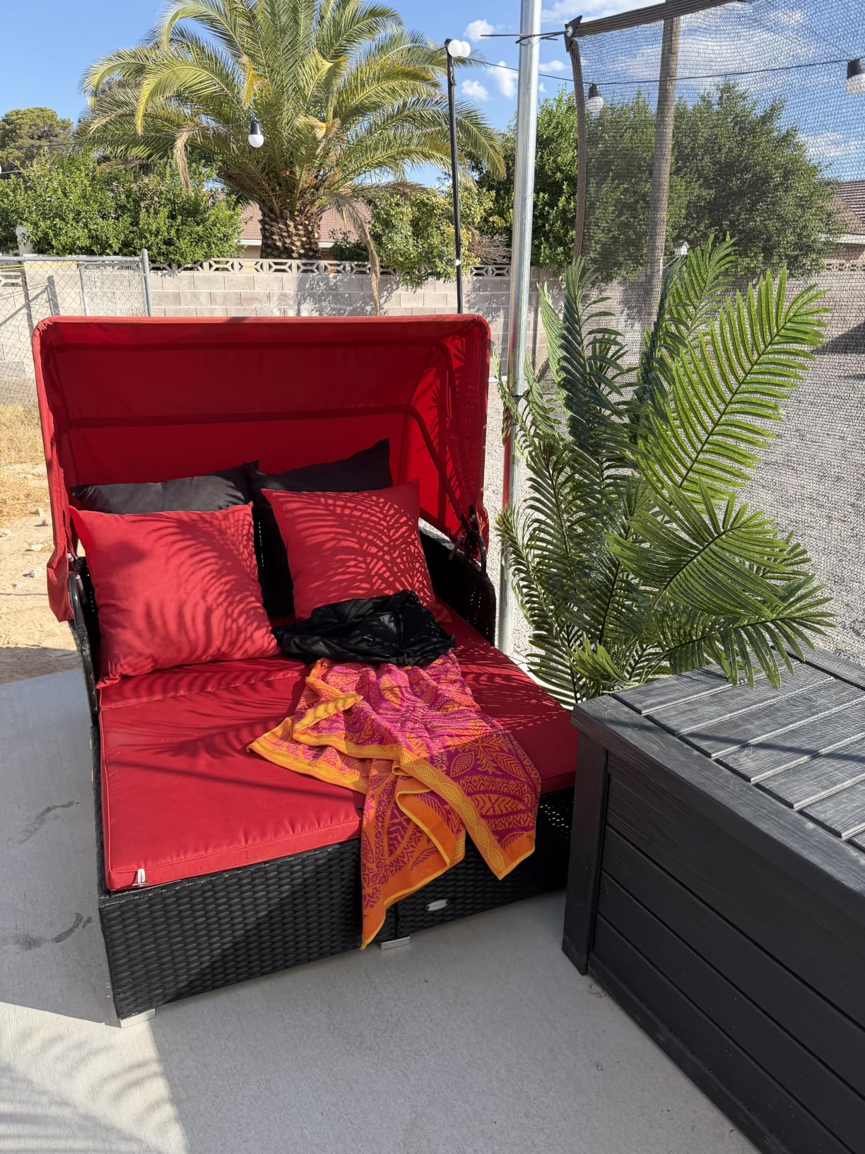COSTWAY Outdoor Daybed with Retractable Canopy, Wicker Patio Furniture Set with Cushioned Pillows, Patio Rattan Daybed for Deck, Backyard, Poolside (Navy) customer photo 2
