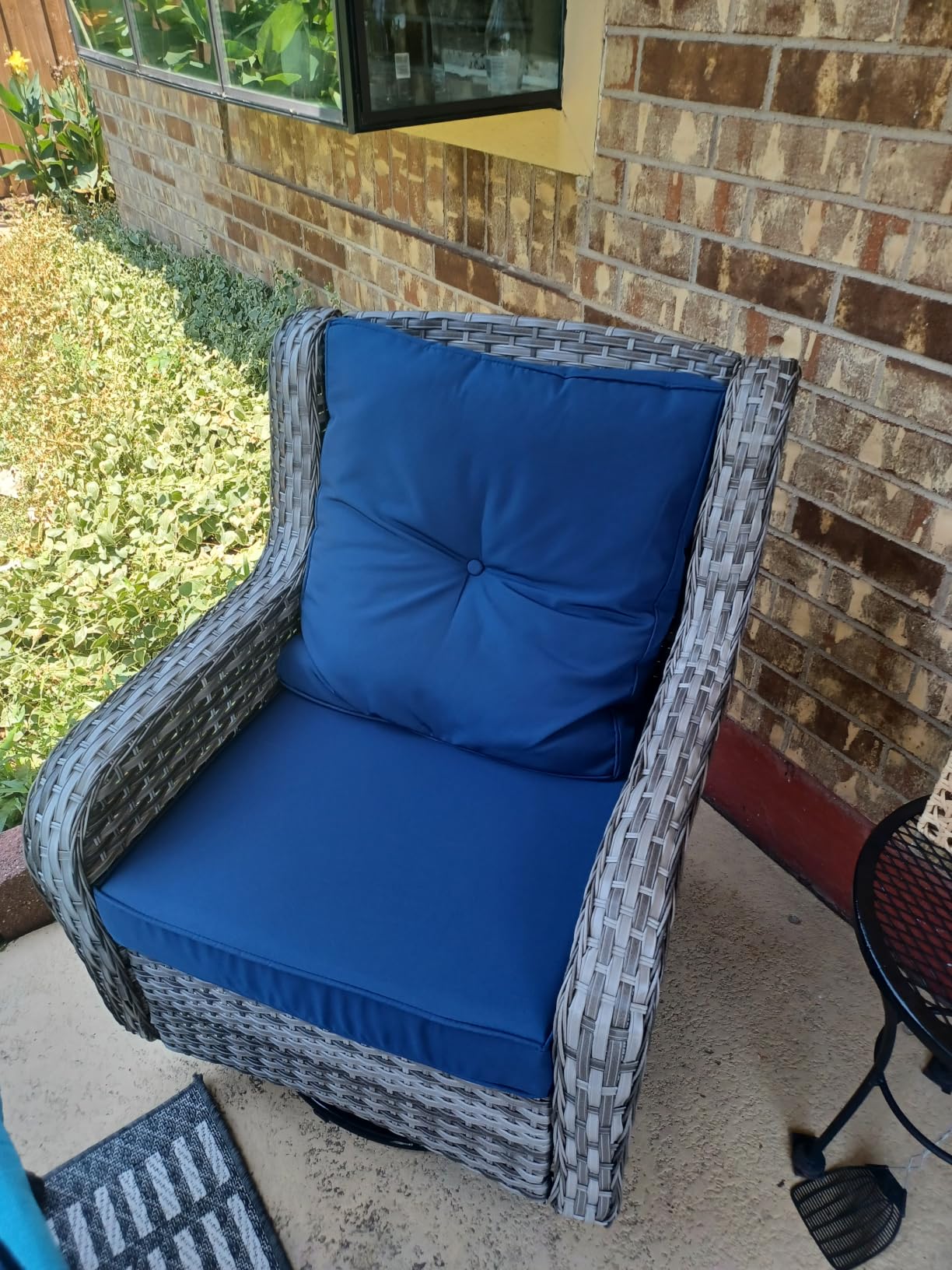 Wumiokio Patio Furniture Sets, 3 Pieces Wicker Outdoor Furniture - 360 Degree Swivel Rocking Chairs and Rattan Side Table for Garden, Porch, Backyard (Grey Wicker/Blue Cushion, 3PCS - Swivel Chairs) customer photo 2