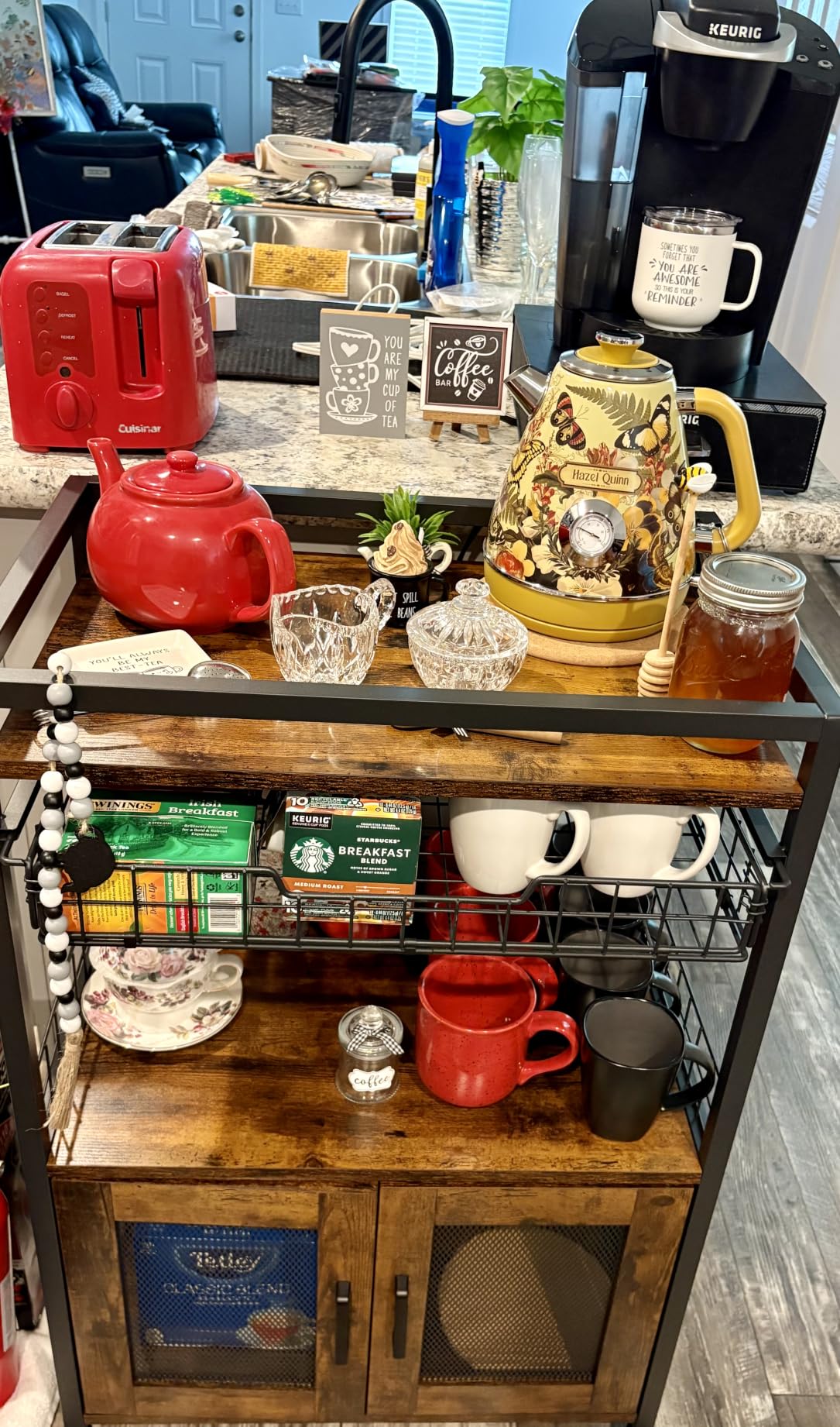 3 Tier Slim Rolling Coffee Cart with 2-Door & Pull-Out Wire Basket Drawer, Coffee Bar Cabinet on Lockable Casters, 32.7
