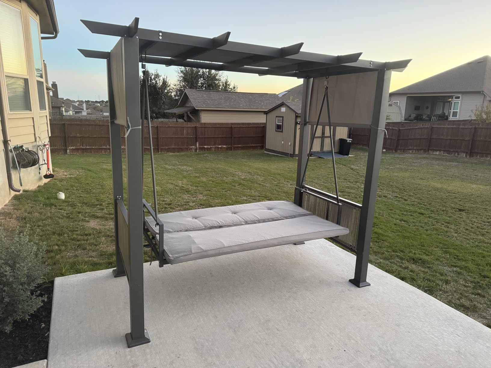 Pamapic 2-in-1 Convertible Porch Swing Bed, 3-Seat Elegant Patio Swing with Wicker Armrests, Outdoor Chair with Adjustable Canopy for Balcony, Garden, and Poolside, Gray customer photo 2