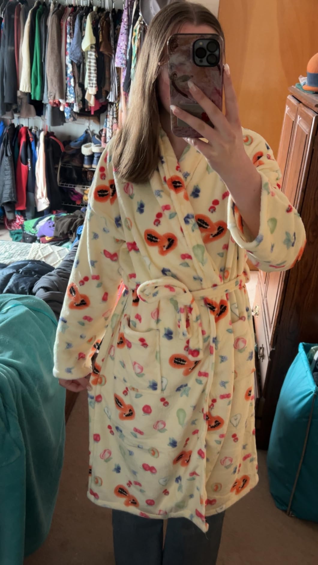 Women Fleece Fruit Print Robe Cute Robes for Women Spring Summer Lightweight Bathrobe Soft Flannel Gown with Belt customer photo 2