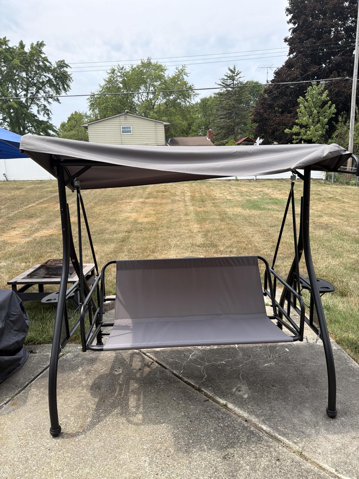Grepatio Outdoor Porch Swing with Canopy and Stand, 3 Person Patio Swing for Adults, Convertible 2 in 1 Porch Bed Swing with Cup Holder, 3 Seat Swings with 2 Pillow Cushions for Garden, Yard (Blue) customer photo 2