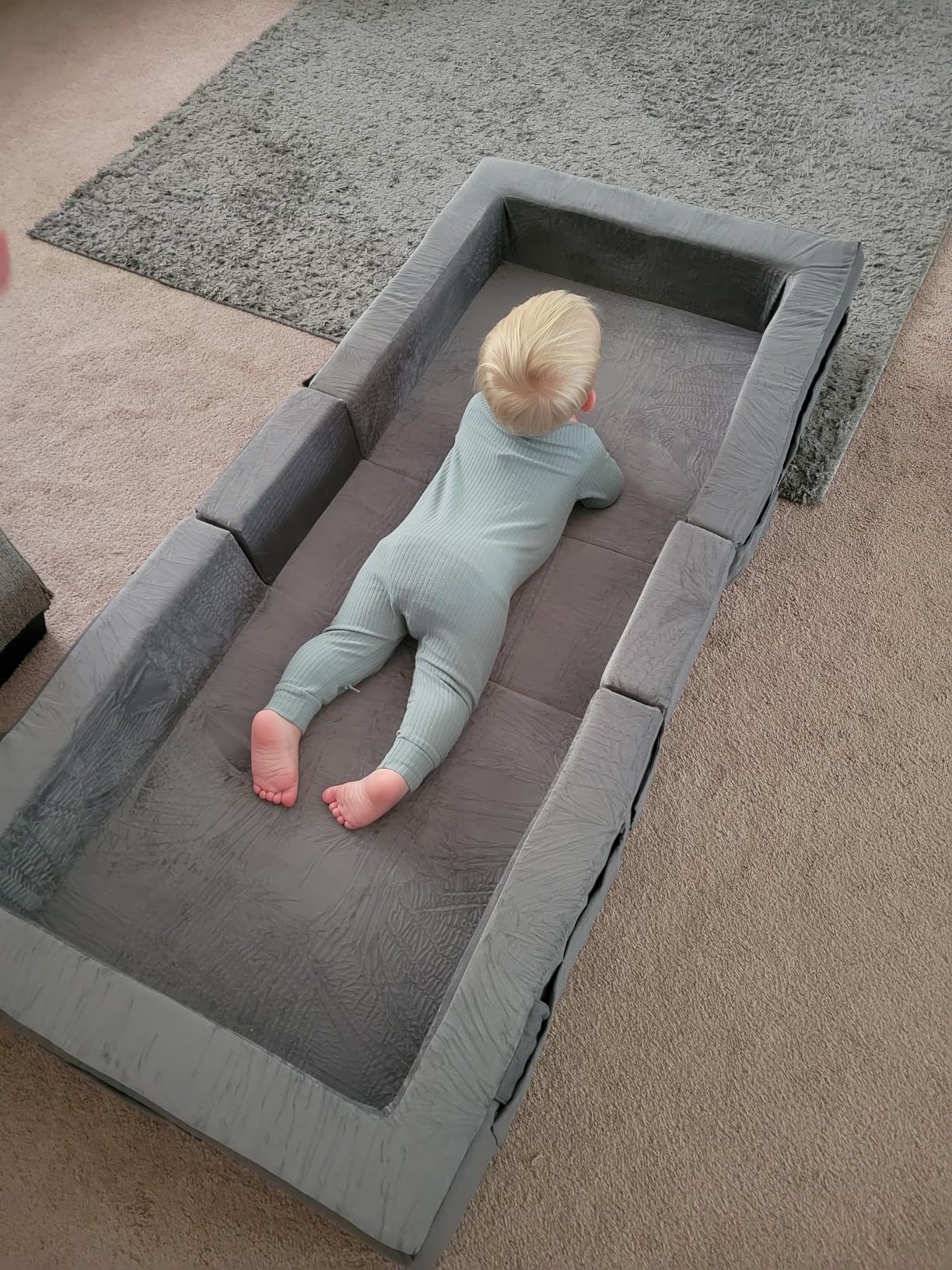 ENITYA Toddler Travel Bed - Portable Foldable Soft Foam Floor Bed for Kids Ages 25 Months to 48 Months, No Assembly, Washable Cover, Built-in Safety Rails, Compact for Travel & Home Use, Grey customer photo 2