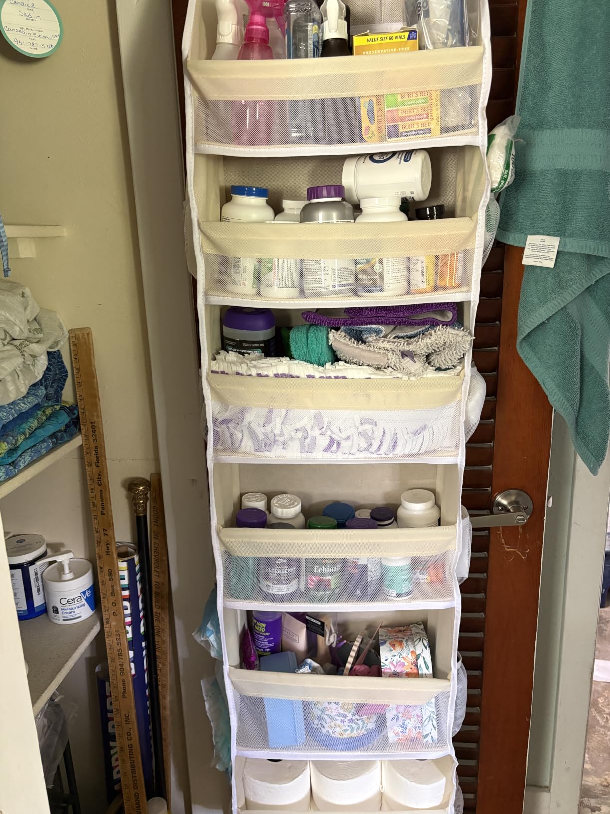 Criusia Over the Door Organizer, 6-Shelf Closet Hanging Storage with 13 Mesh Pockets, 55lbs Capacity Behind the Door Storage for Baby Nursery, Bathroom, Bedroom, and Dorm, Beige customer photo 1
