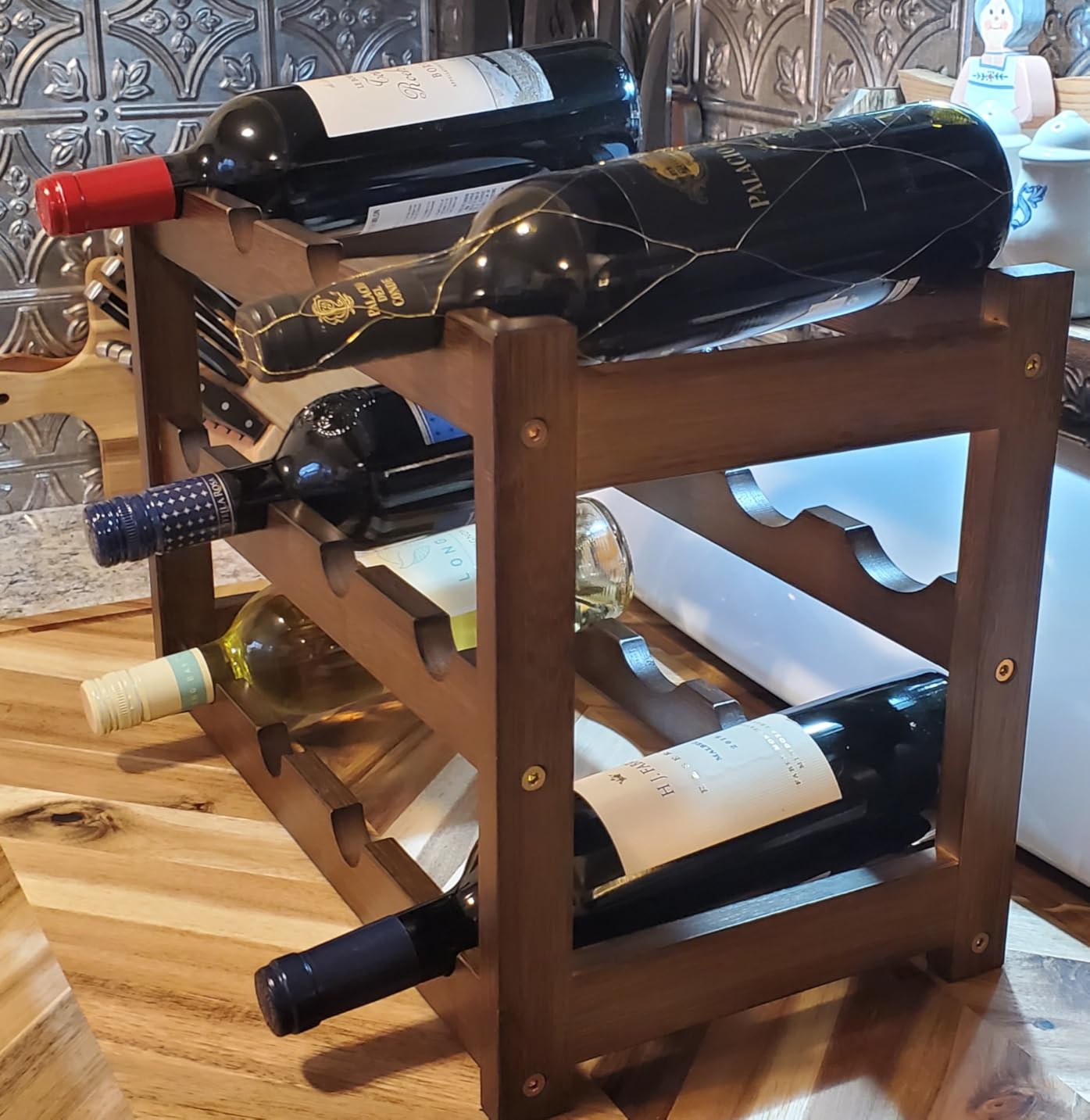 Wine Rack Free Standing Floor, 6-Tier 24 Bottles Display Wine Storage Shelves with Table Top, Easy-Assembly Freestanding Bamboo Wine Racks for Kitchen Dining Room Bar, Walnut customer photo 2