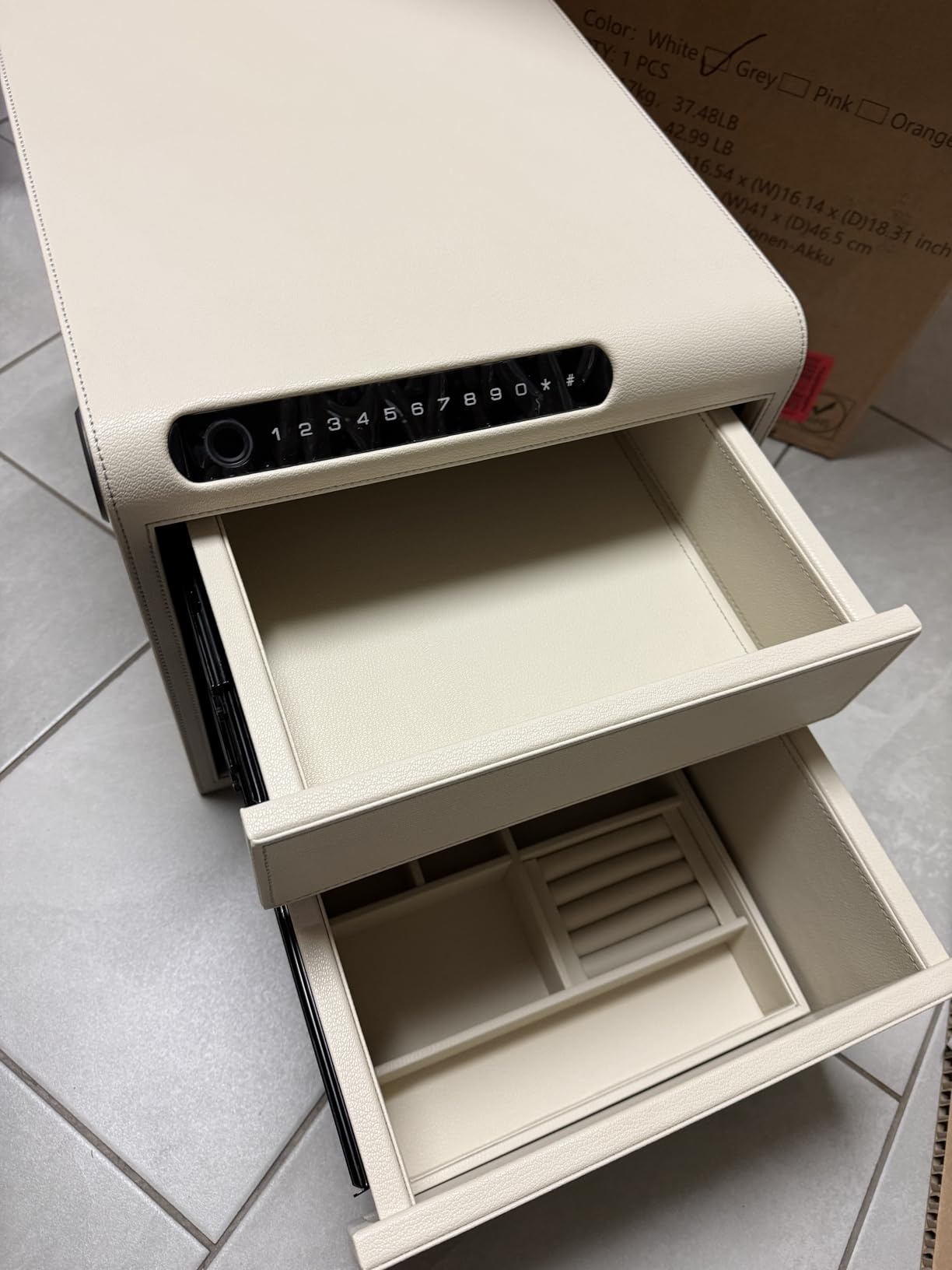 Jewelry Safe with Drawers, Biometric Fingerprint safe, Slide-Away Handgun Safe for Pistols, Leather Wrapped Jewelry Storage Safe, Digital Keypad & Quick-Access Drawer (White 2-Drawer) customer photo 1
