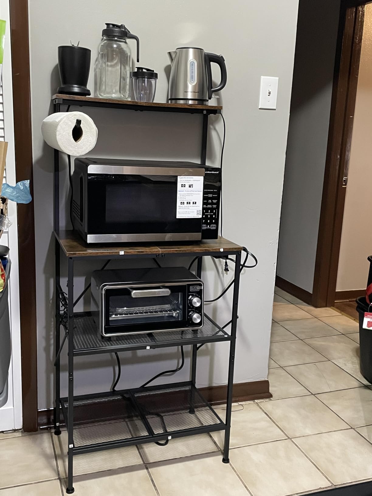 Huuger 4-Tier Bakers Rack with Reversible Power Outlet, 23.6 Inch Microwave Stand, Kitchen Coffee Bar, with Top Shelf, 6 S Hooks, Rustic Brown customer photo 1