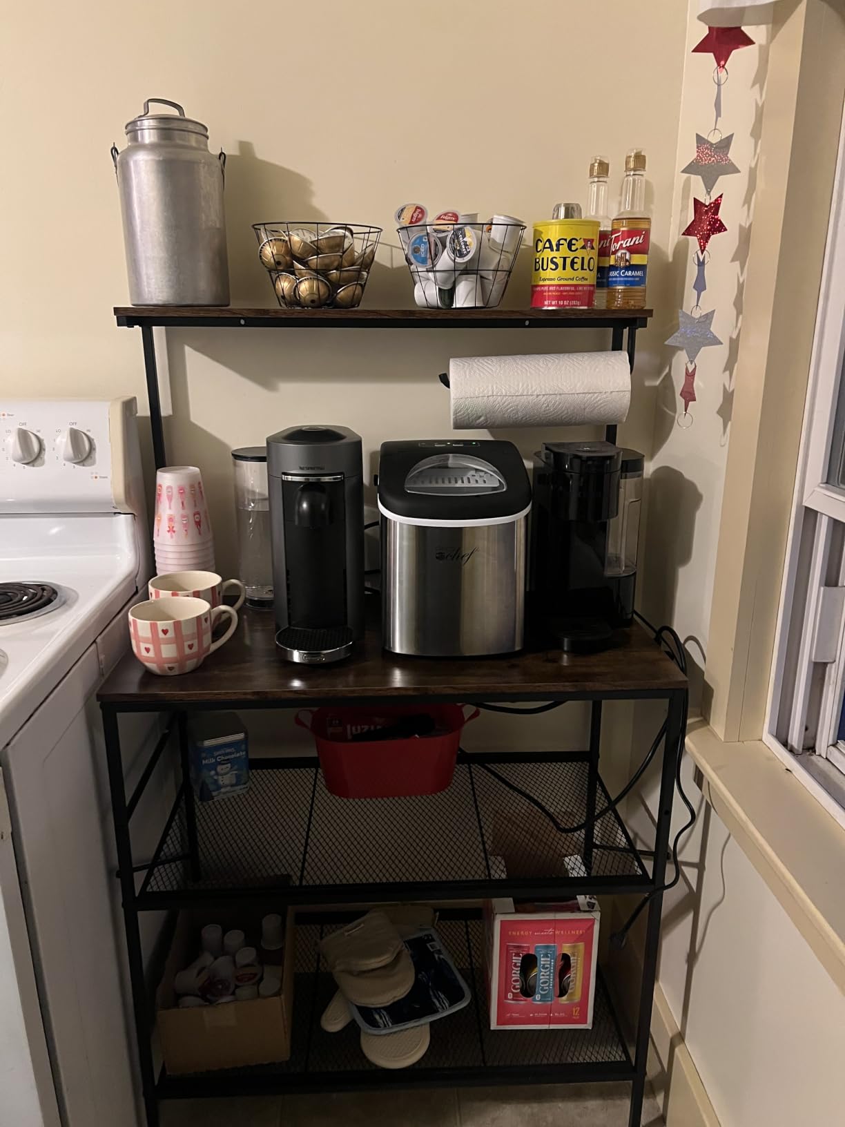 Huuger 4-Tier Bakers Rack with Reversible Power Outlet, 23.6 Inch Microwave Stand, Kitchen Coffee Bar, with Top Shelf, 6 S Hooks, Rustic Brown customer photo 2