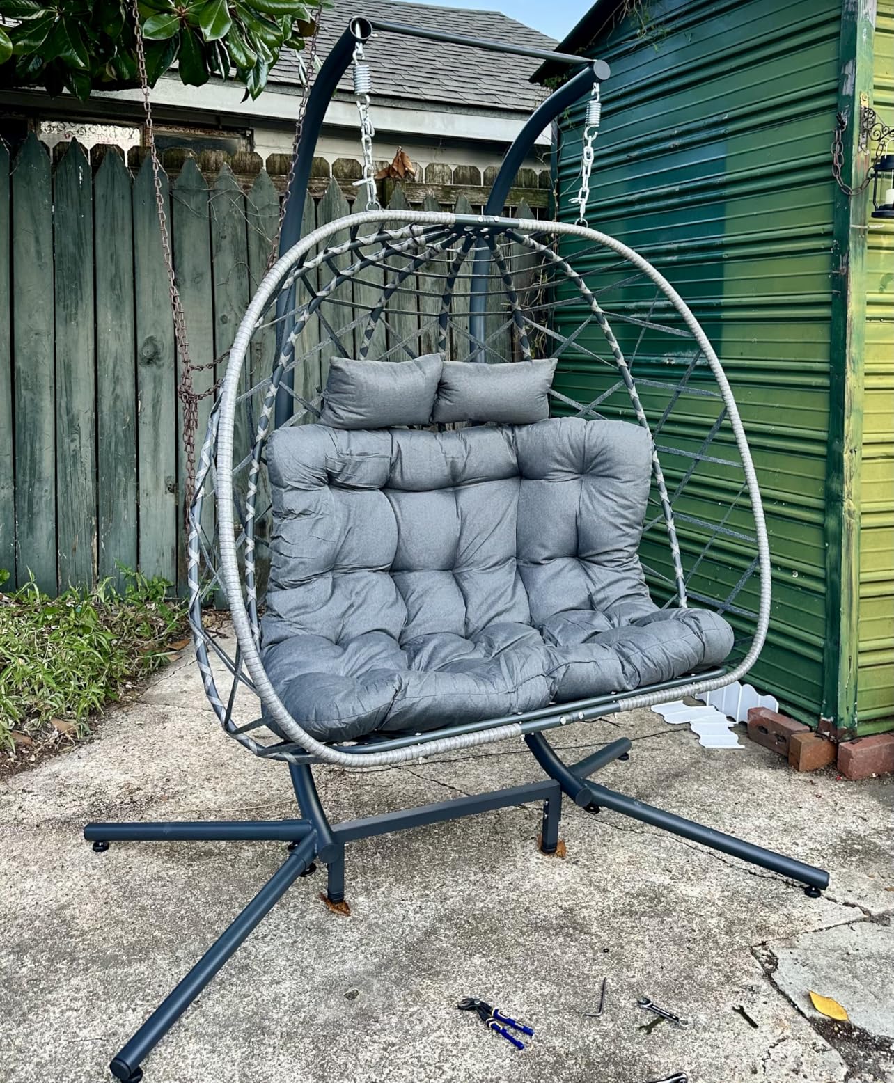 Double Egg Swing Chair with Stand, 2 Person Outdoor Indoor Hammock Hanging Chair with Cushion for Patio Living Room 650 LBS Capacity - Dark Grey customer photo 1