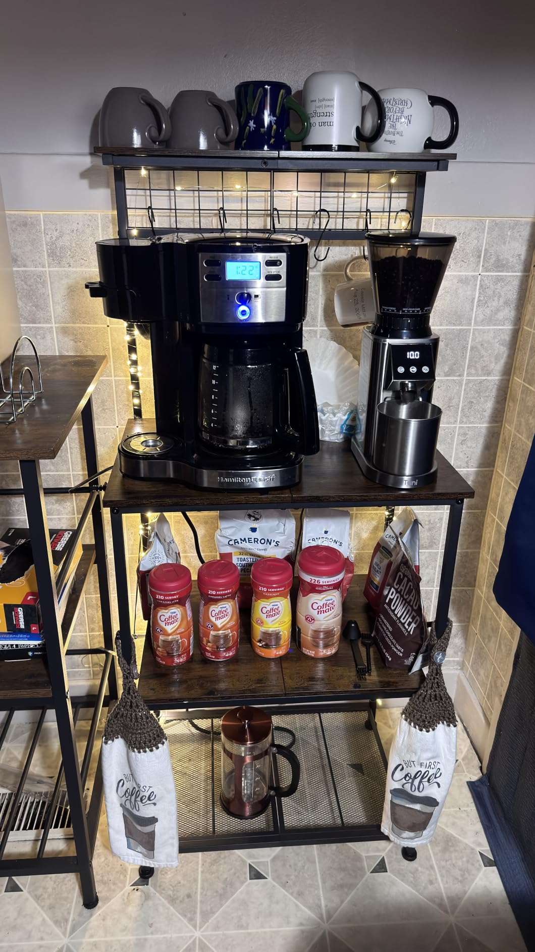 Furologee Kitchen Bakers Rack with Power Outlet, Coffee Stand with Storage 4 Tiers, Coffee Bar Station with a 31.5 Inch Larger Desktop and 8 S Hooks, Rustic Brown customer photo 1