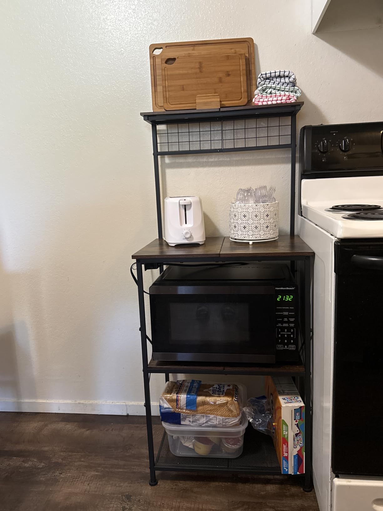 Furologee Kitchen Bakers Rack with Power Outlet, Coffee Stand with Storage 4 Tiers, Coffee Bar Station with a 31.5 Inch Larger Desktop and 8 S Hooks, Rustic Brown customer photo 2