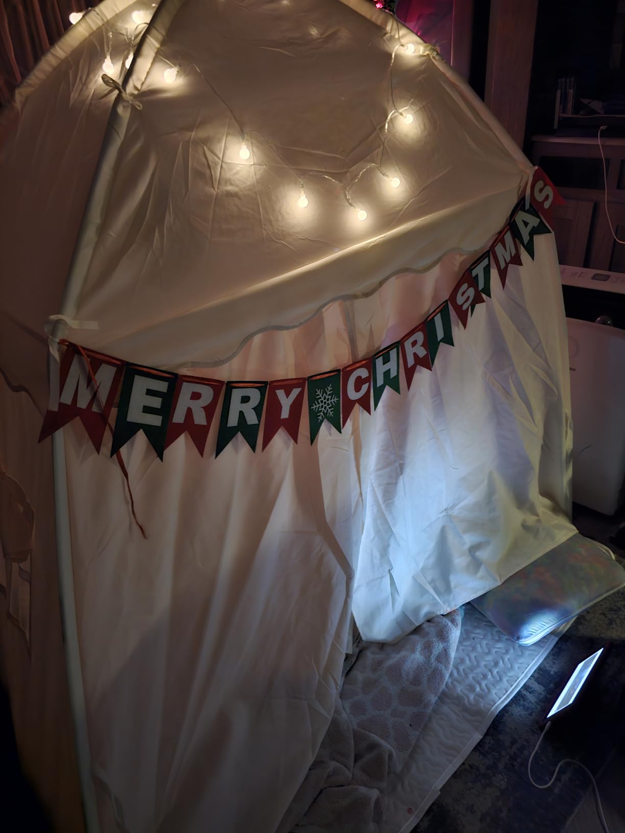 Large Kids Play Tent Indoor with Padded Mat Lights - 59x39x59in Teepee Playhouse with Flags Storage Bag - Cozy Reading Nook Nap Bed Tent - Birthday Gift for Toddlers Boys Girls customer photo 1