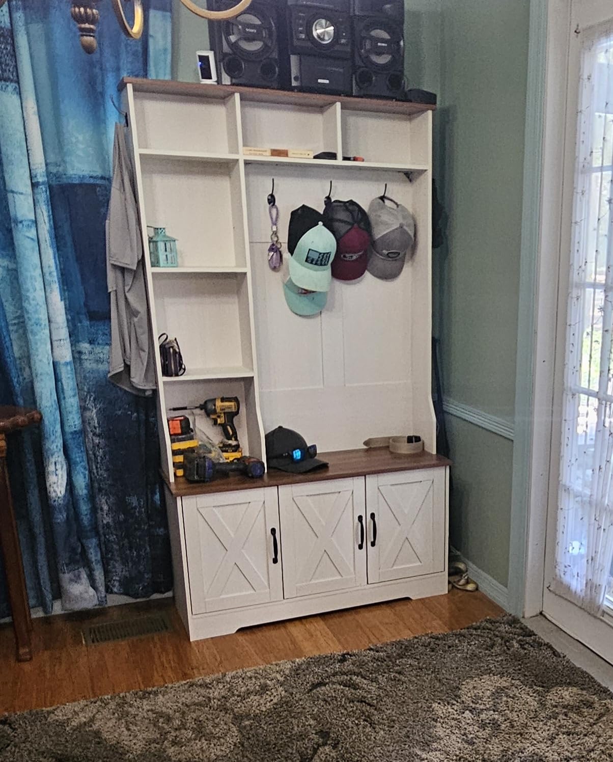 CSZZD Hall Tree with Bench and Shoe Storage, Farmhouse Entryway Bench with Coat Racks and Led Lights, Tall Hall Tree with 7 Coat Hooks, 6 Storage Cubbies, Adjustable Shelf customer photo 2