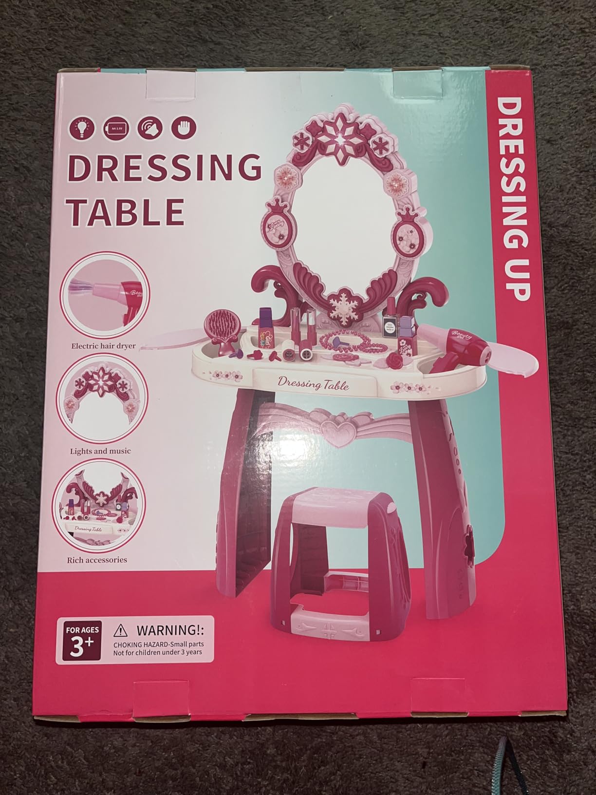 Toddler Vanity Kids Vanity Table and Chair Set, Girls Makeup Table with Mirror Lights & Music, Pretend Play Dress Up Toys with Hair Dryer, Princess Crown & Wand, Storage Bag, Gifts for Girls Age 3 4 5 customer photo 1